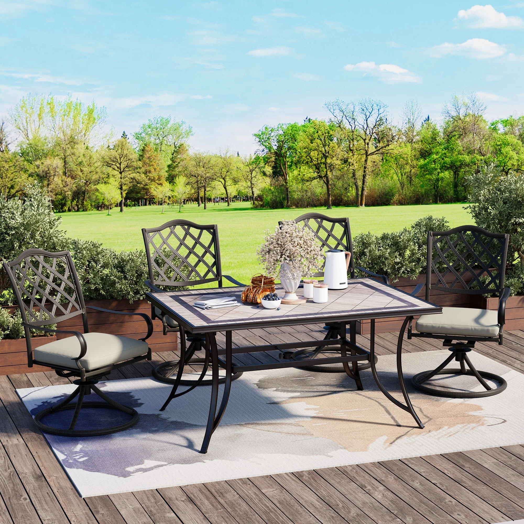 70 Patio Rectangular Cast Aluminum Dining Table with Umbrella Hole & Tile Tabletop