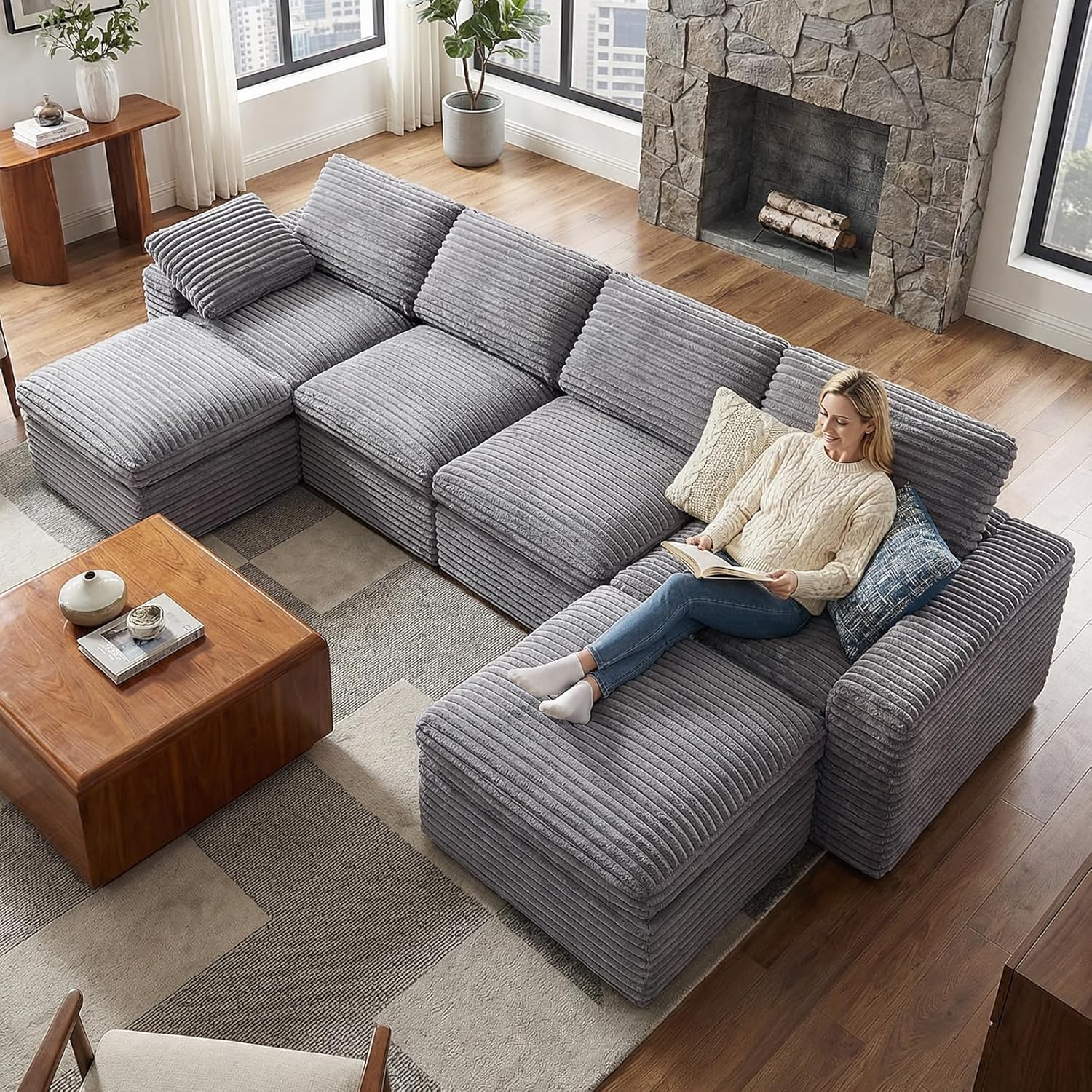 KKL 150 U Shaped Sectional Modular Boneless Sofa, 6 Seater Cloud Couch with Ottoman, Corduroy Sectional Couches for Living Room Bedroom, Grey