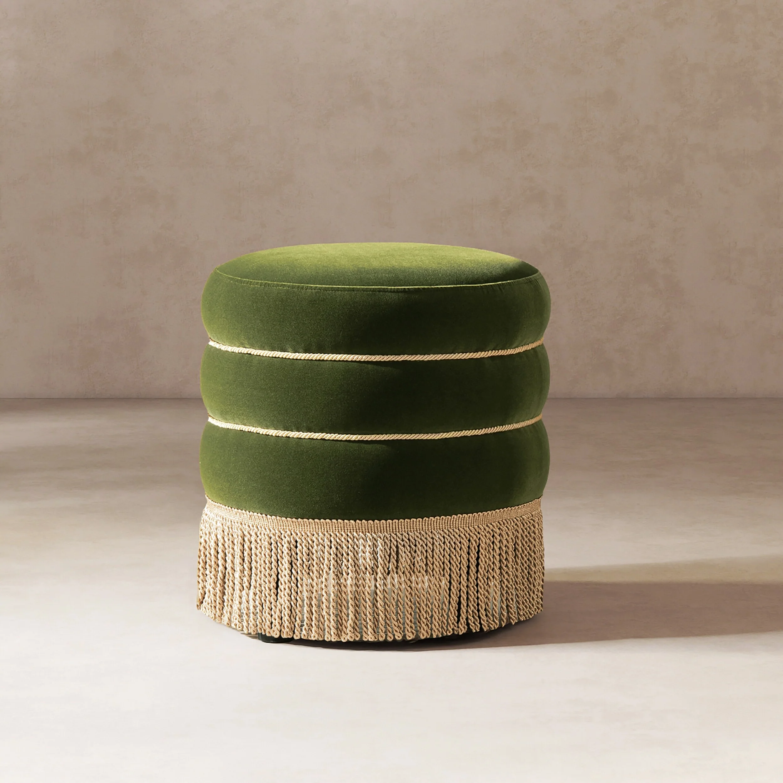 Edward 17.5 Round Upholstered Ottoman with Gold Bullion Fringe