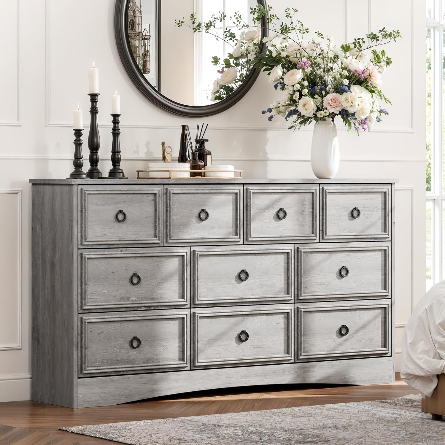 Grey 10 Drawer Dresser & TV Stand, 59 Large Dresser for Bedroom, Wooden Chests of Drawers, Rustic Storage Dressers Organizer for Bedroom, Hallway