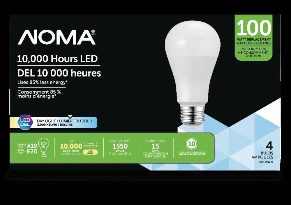 NOMA A19 E26 Base Non-Dimmable LED Light Bulbs, 1550 Lumens, Daylight, 100W, 4-pk