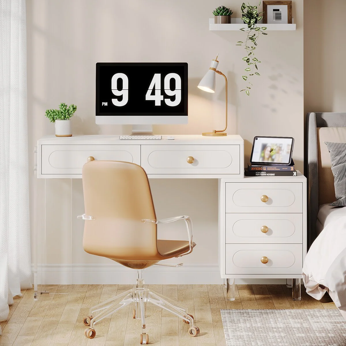 White 5-Drawer Computer Writing Desk with Acrylic Base for Home Office