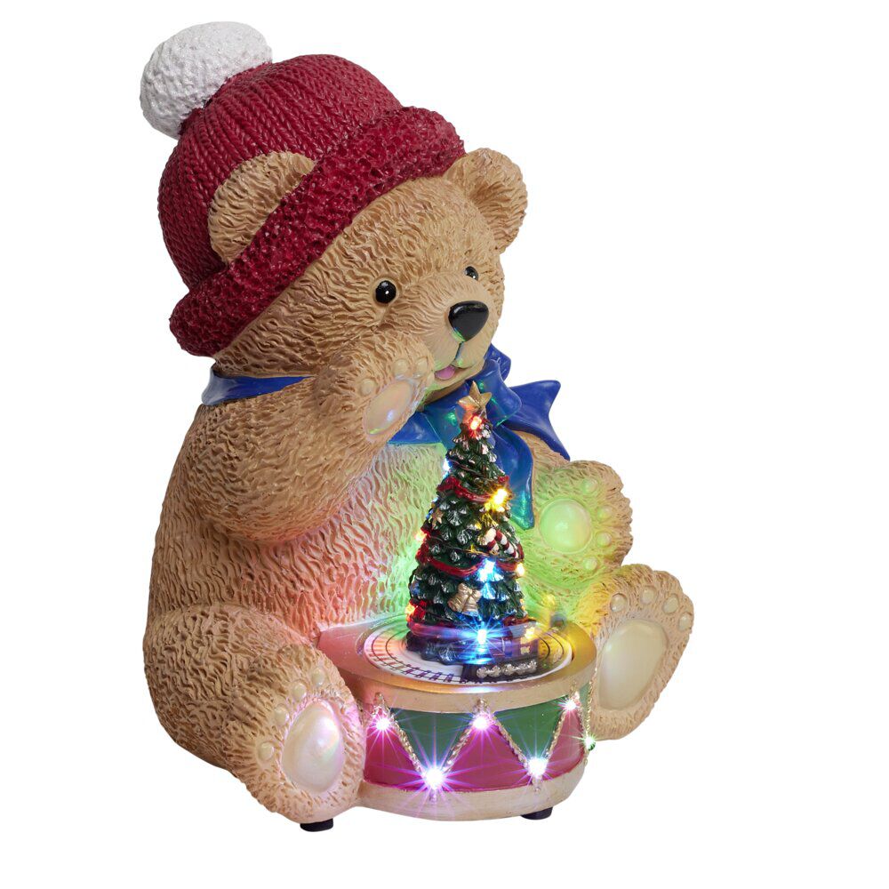 Ourson assis avec sapin de No&euml;l lumineux animé sonore polyrésine 26x26xH34,5cm