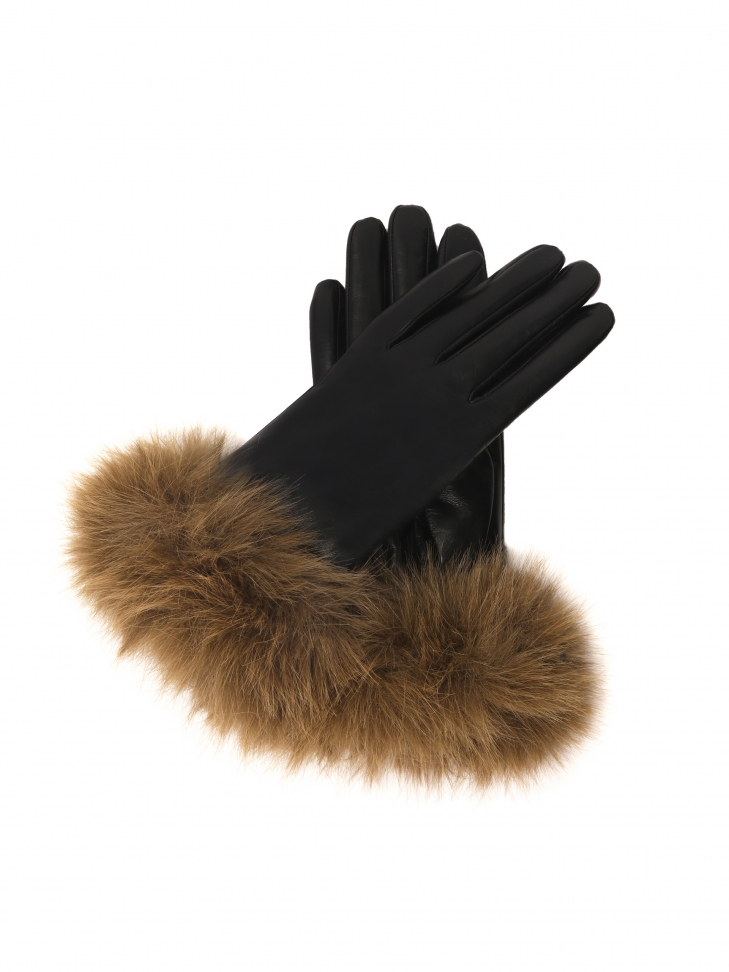 Black leather gloves with synthetic fur