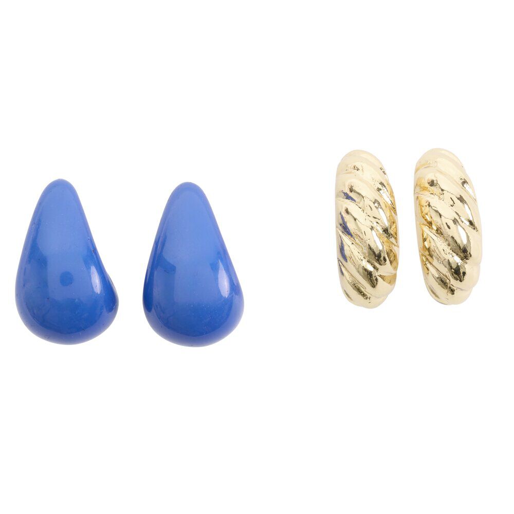 Boucles d'oreilles 2 paires goutte bleu et métal doré L2,5cm