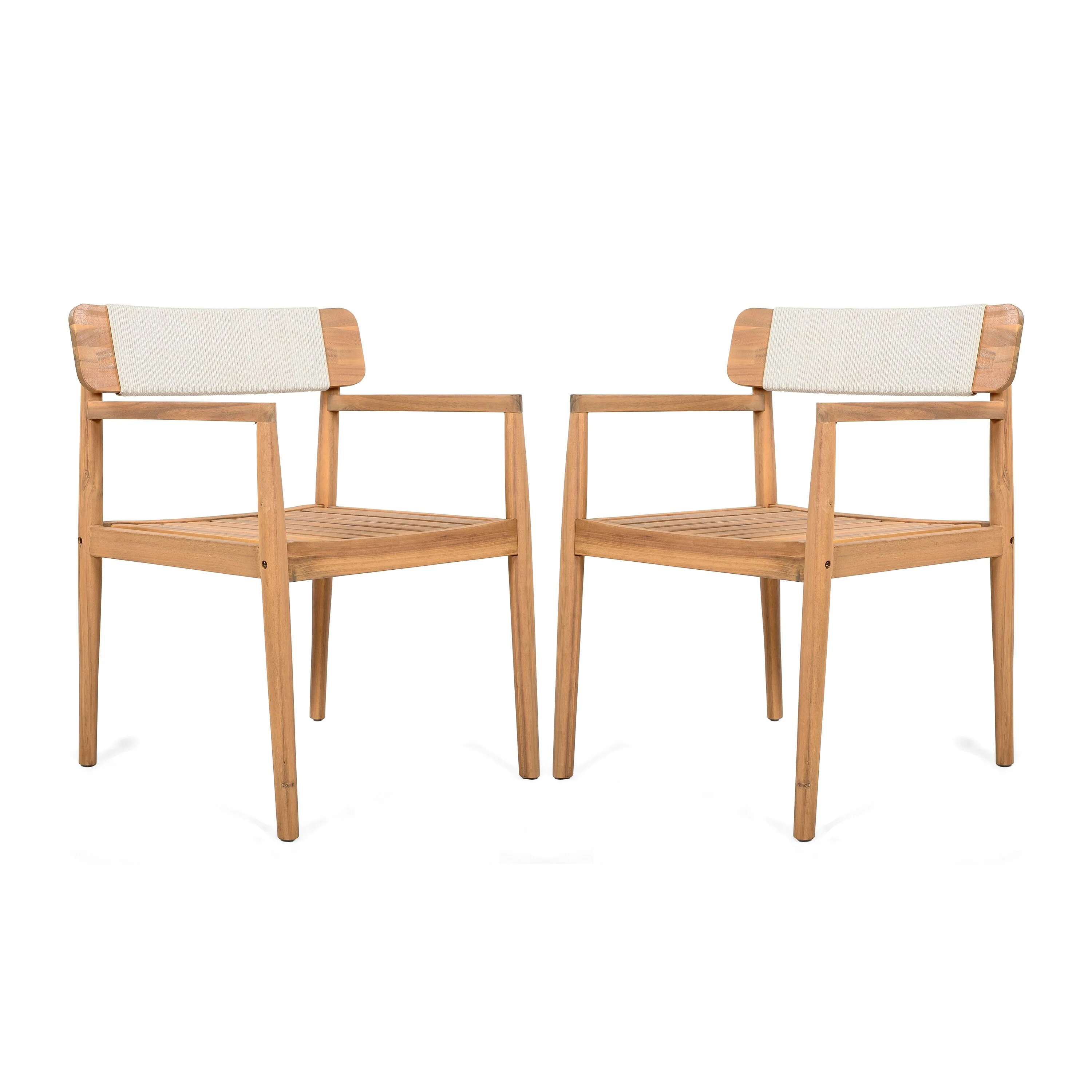 Braided Acacia Wood Dining Set (2-Piece) – Teak-Finished Table & Armchair Pair with White Rope Accents for Patio/Garden‌.