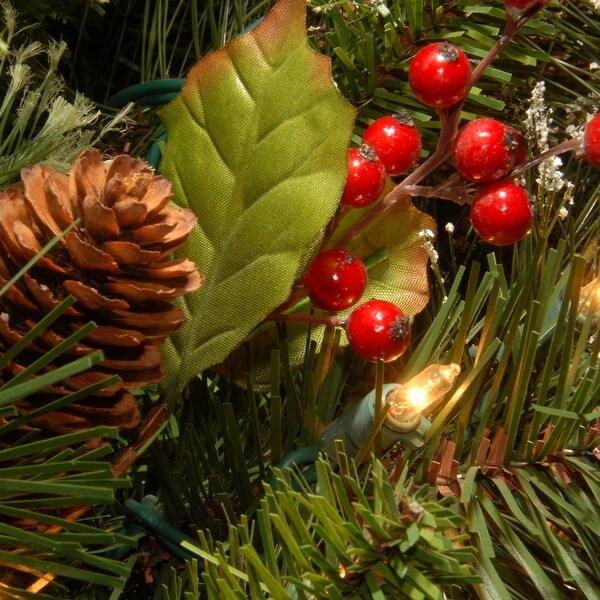48-inch Wintry Pine Wreath with Clear Lights - 48 inches diameter x 7 inches deep