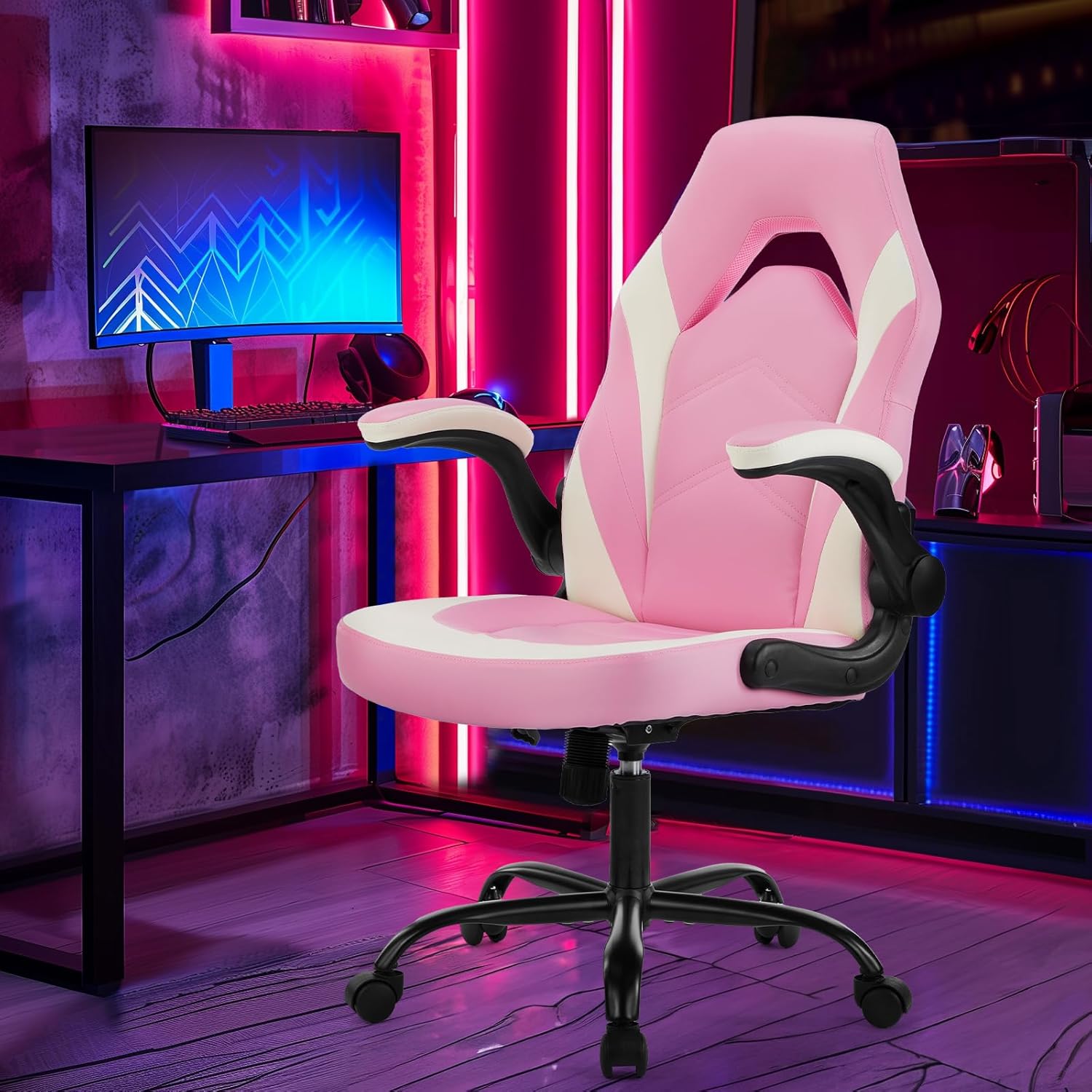 Sweetcrispy Computer Gaming Desk Chair - Ergonomic Lumbar Support Executive with PU Leather and Flip-up Armrest, Height Adjustable with 360° Swivel Wheels, Pink White, for Home and Office