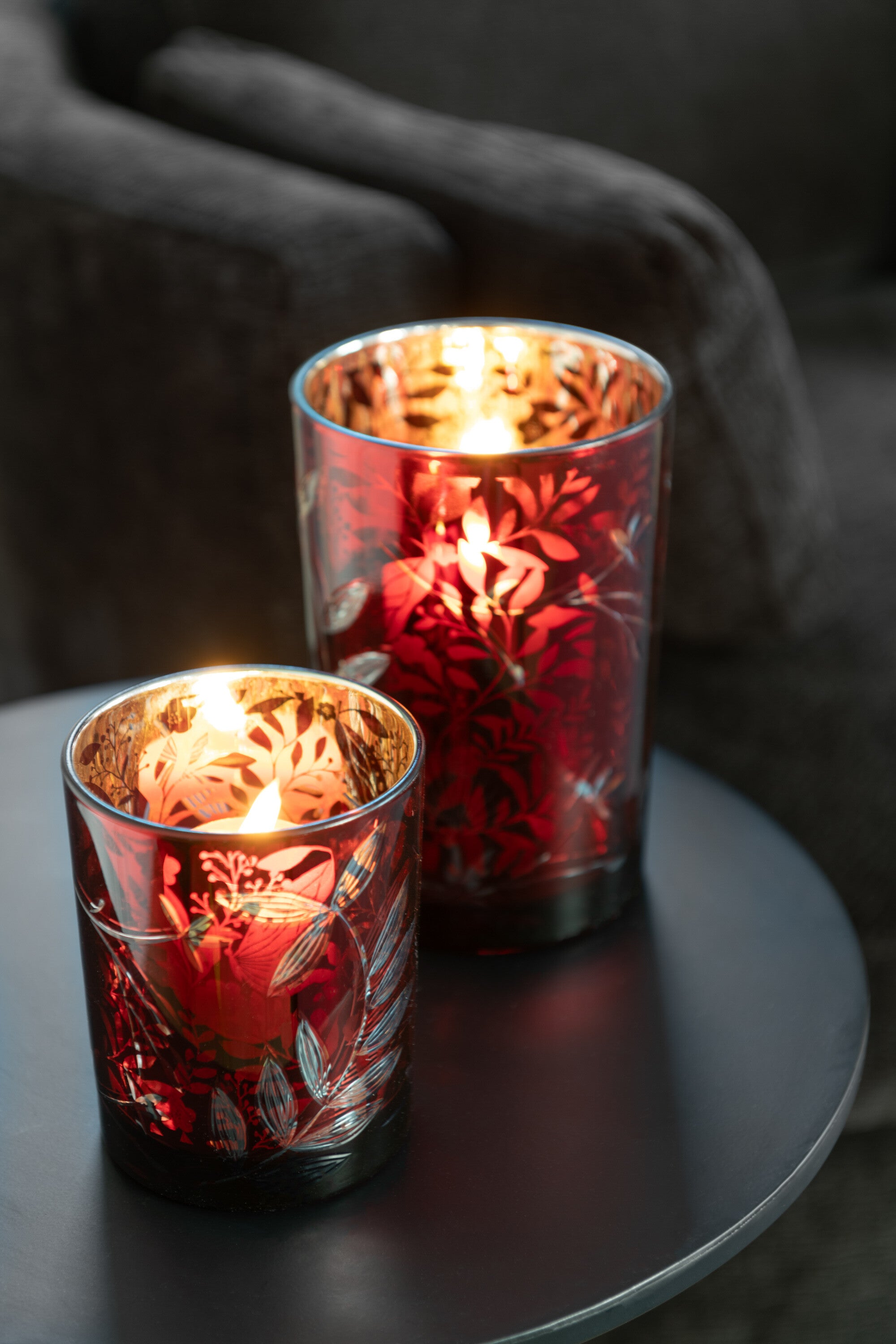 J-Line windlicht Blaadjes - glas - rood/goud - small