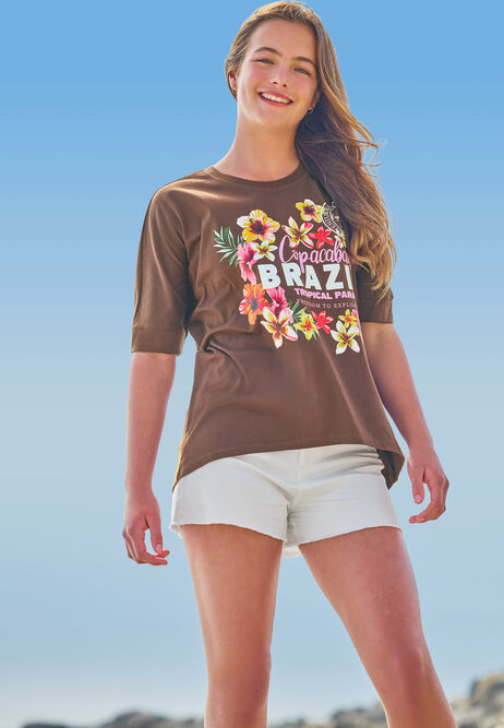 Older Girls Brown Floral Copacabana Curve Hem T-Shirt