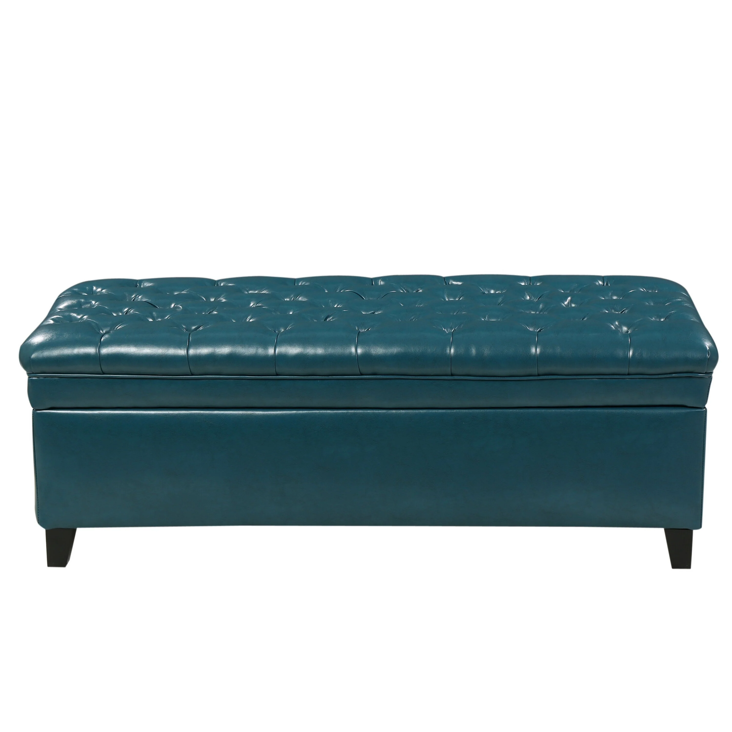 Rhya Storage Ottoman Bench, Teal Blue Faux Leather, Brown Wood 50 Inch