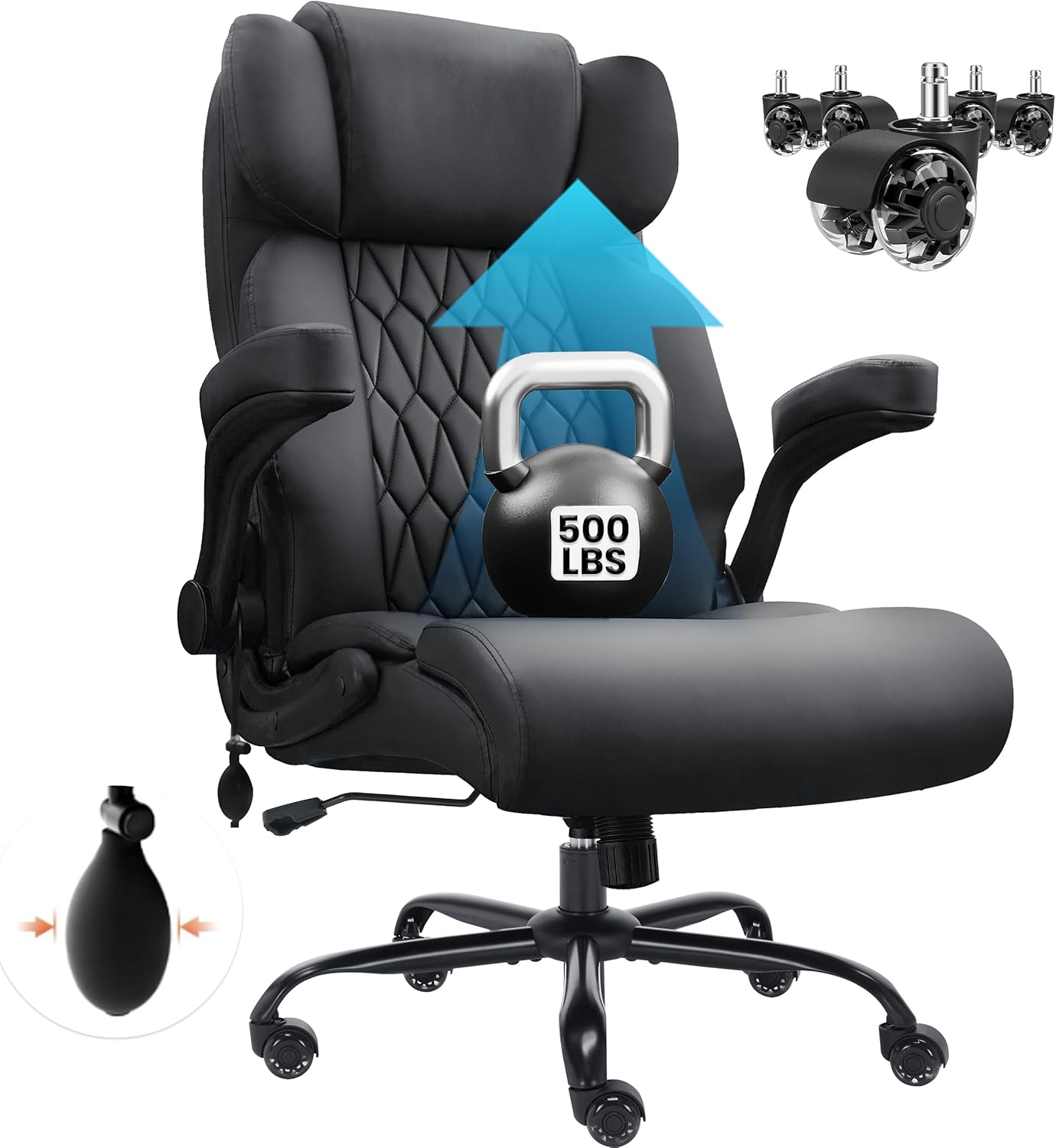500lbs Big and Tall Office Chair Adjustable Lumbar Support for Back Pain, Extra Wide Seat Executive Office Chair Thick Armrest Pad, Heavy Duty Base&Upgraded Wheels, Ergonomic Comfy Computer Desk Chair