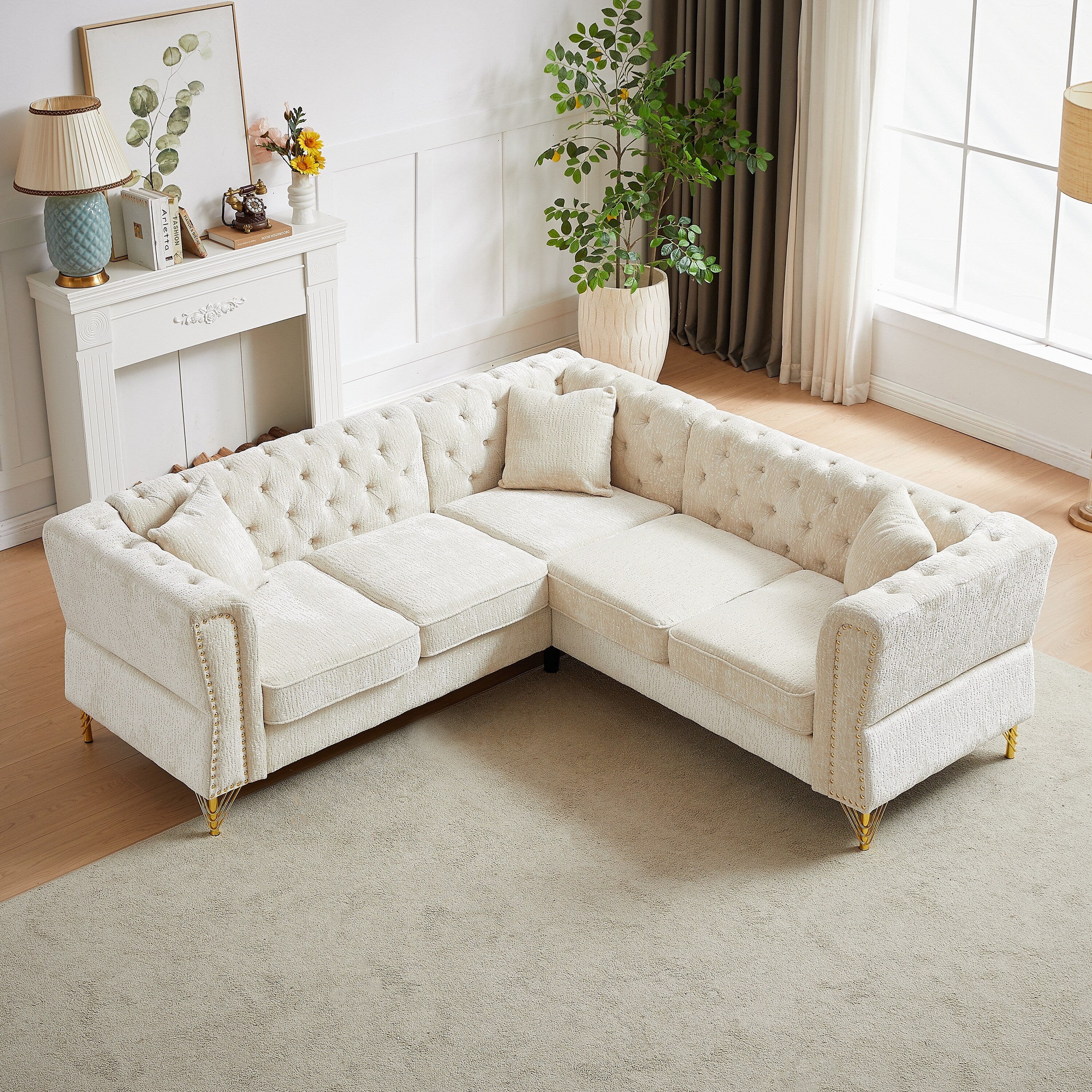 Beige 81.5'' L-Shaped 5-Seater Chenille Sectional Sofa with 3 Cushions, Trendy Corner Couch for Living Room or Bedroom