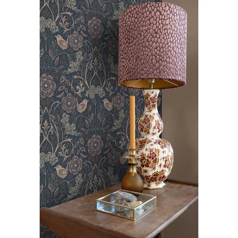 ESTAhome behang bloemen en vogels donkerblauw en oudroze - 53 cm x 10.05 m