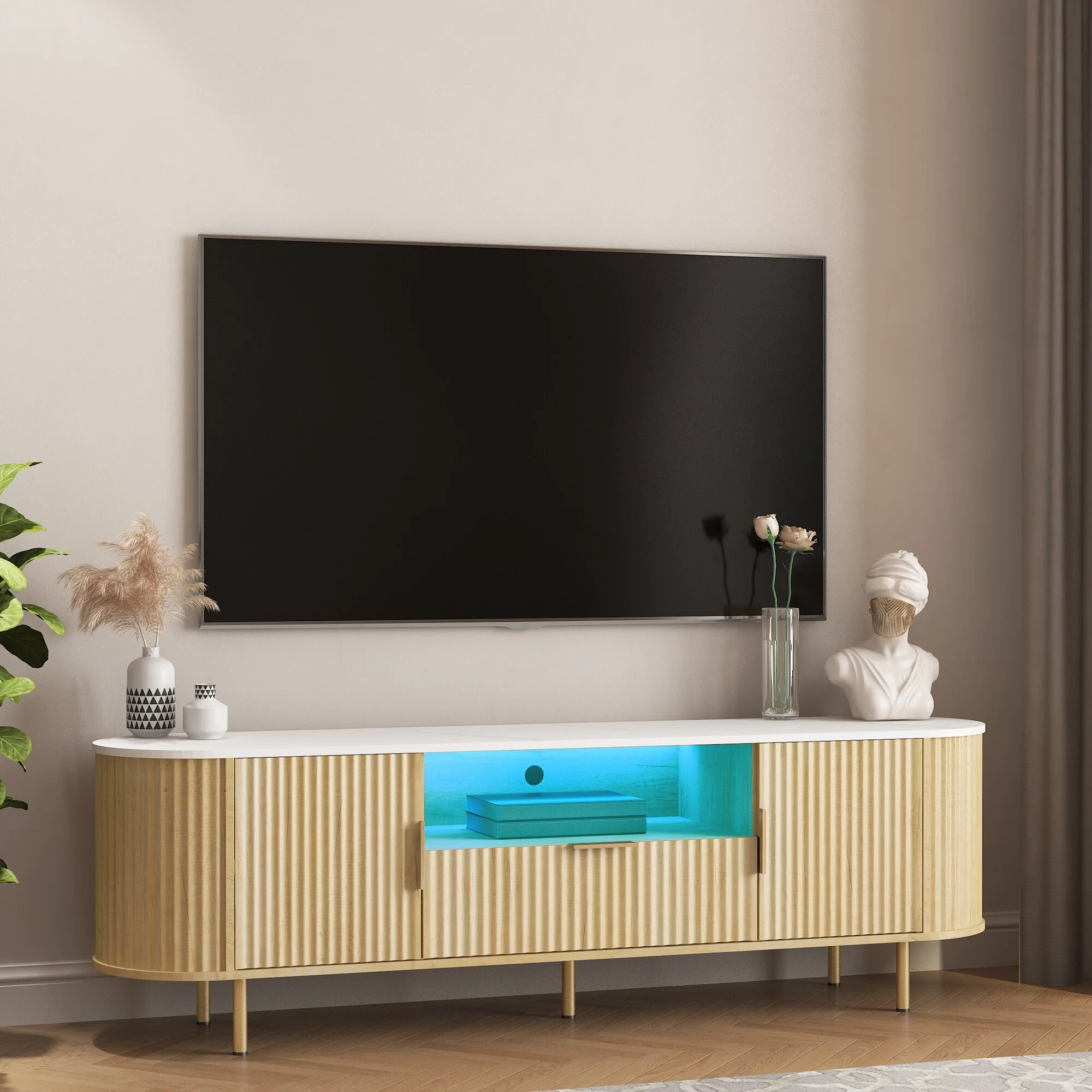 Lving Room Floor-standing TV Cabinet with 16 Color LEDs, Entertainment Center with Storage Doors, for 55+ Inch TV