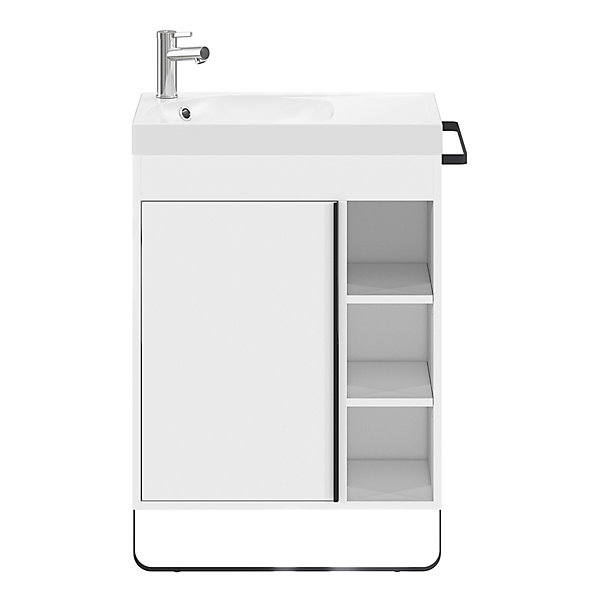 Meuble vasque faible profondeur blanc avec porte-serviettes l.65 x H.82 x P.36 cm   plan vasque résine blanc, GoodHome Maza