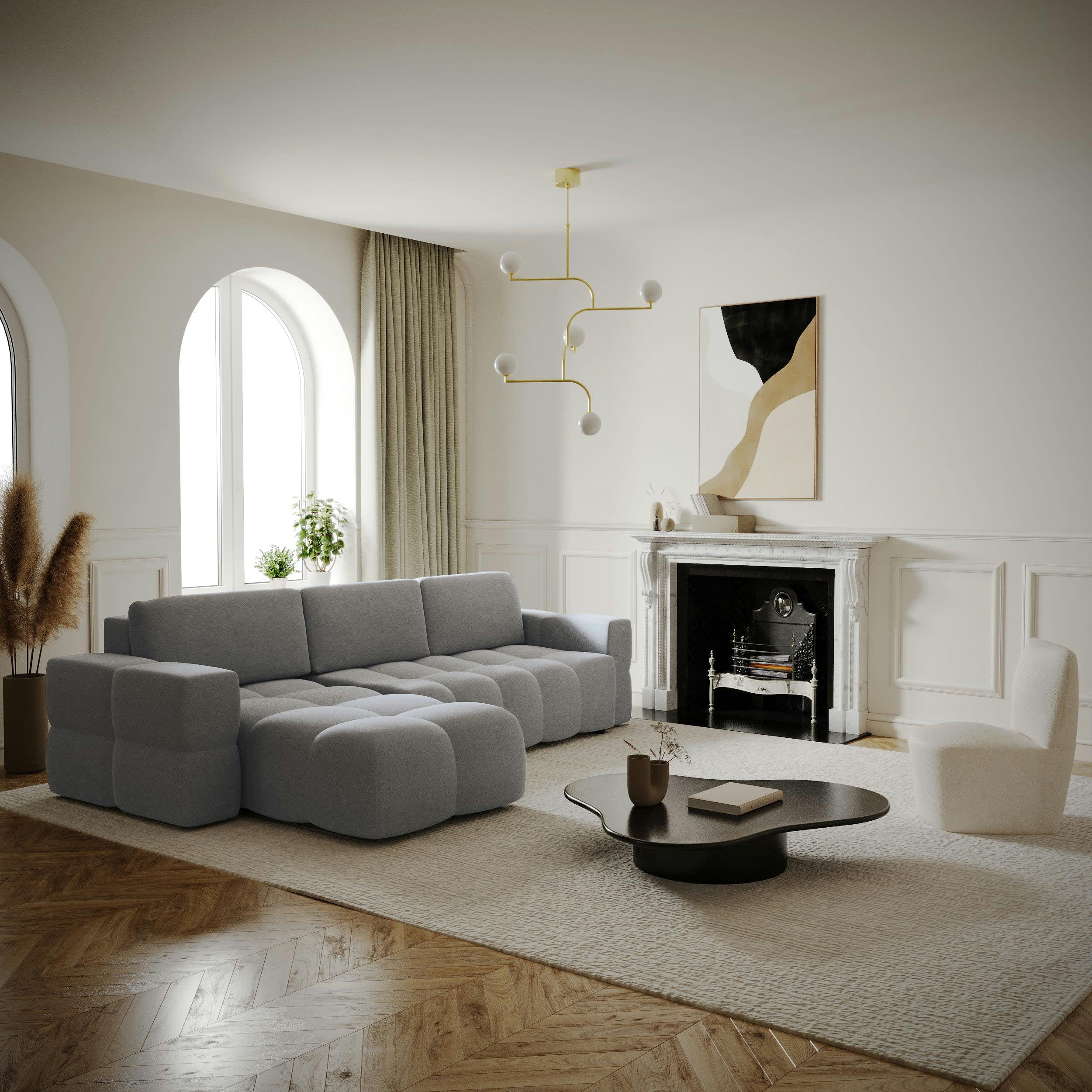 GABRIEL - Canapé d'angle gauche convertible coffre tissu tramé gris 260x180cm