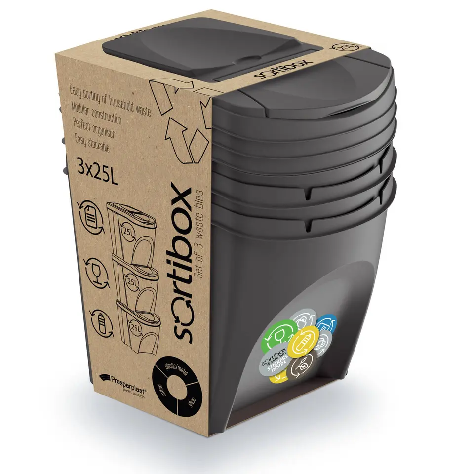 Keden Afvalscheidingsbakken - 3x25L - grijs - 335 x 1005 x 392 mm