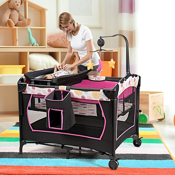 4 en 1 Lit Parapluie Bébé 0-36 Mois , Lit de Voyage avec Jouets Musicaux, Matelas, roulettes, Sac de Transport Rose