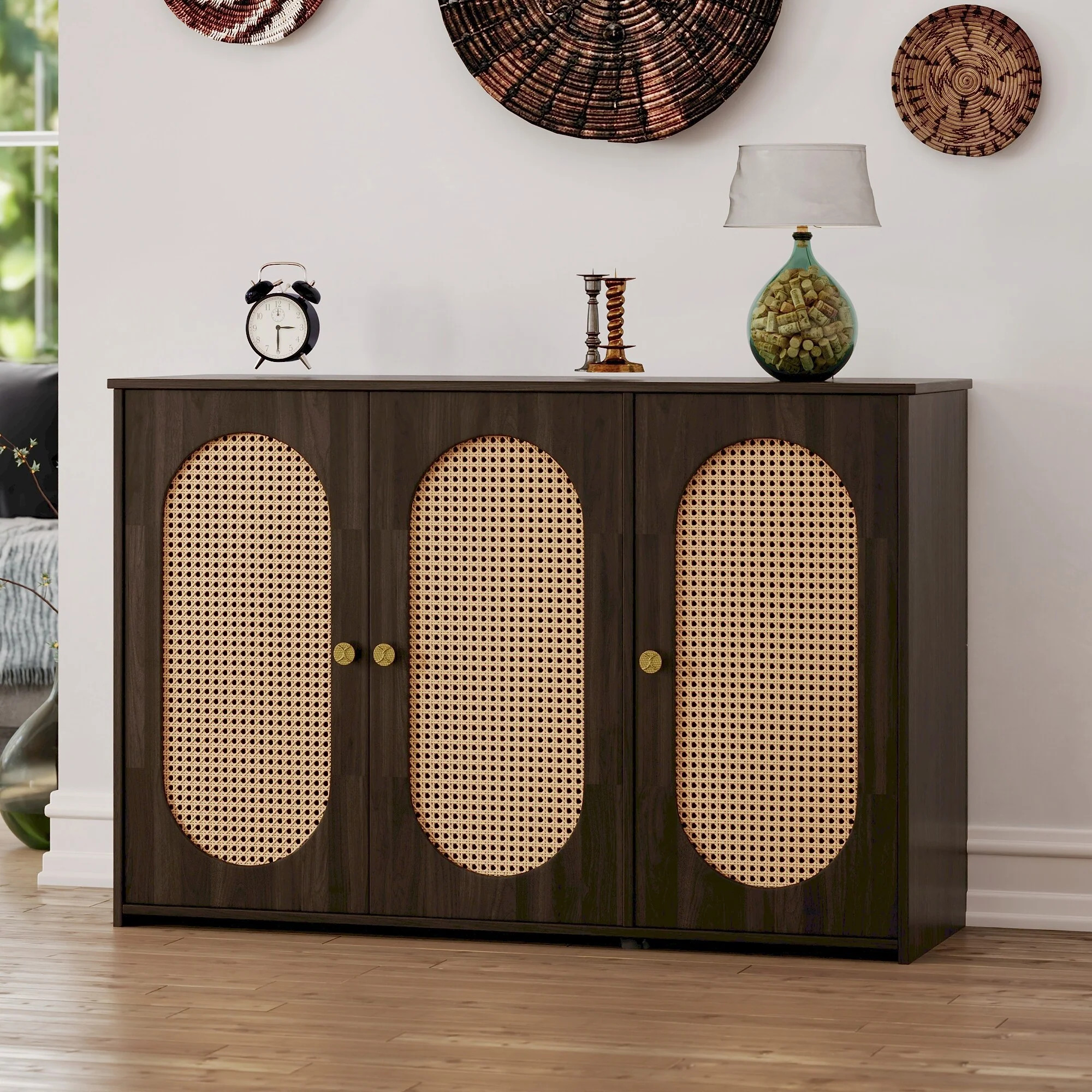 Retro 3-Door Sideboard with Artificial Rattan Doors, Metal Handles & Large Storage Space