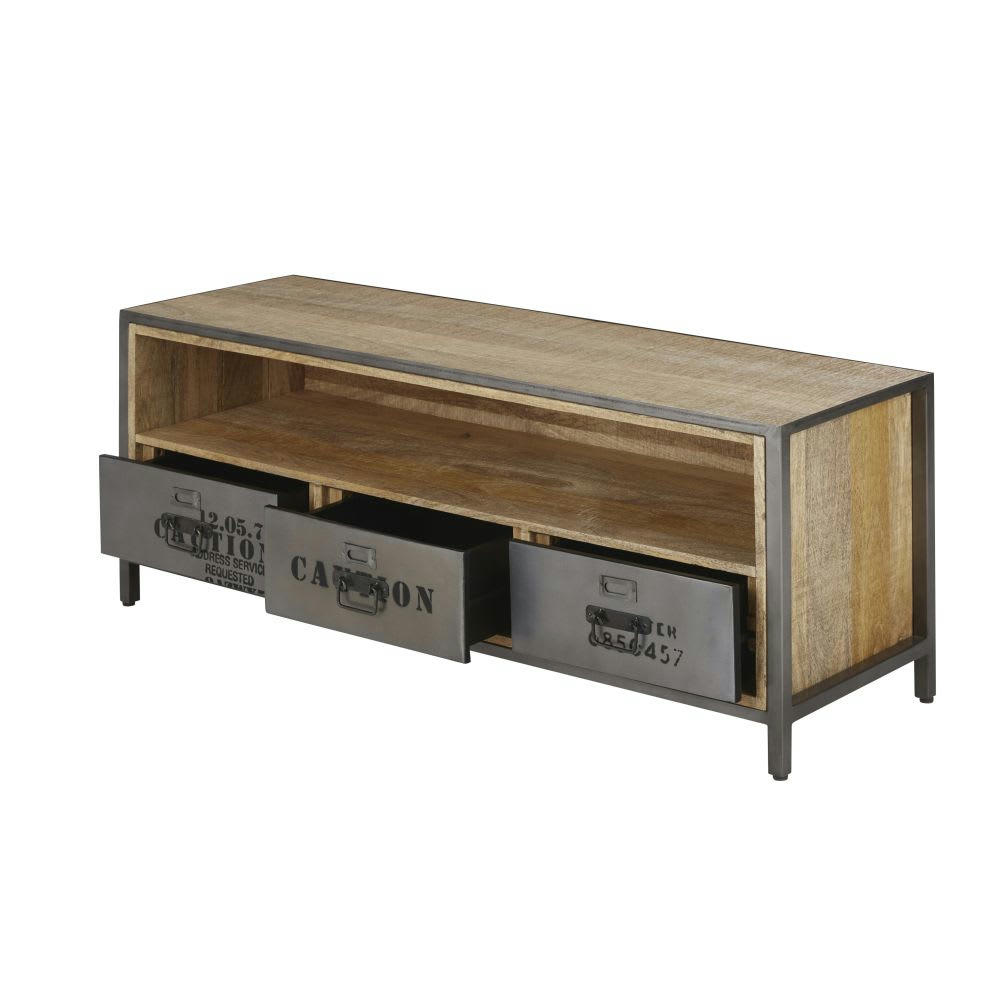 Manufacture - Meuble TV style industriel 3 tiroirs en bois de manguier et métal gris anthracite