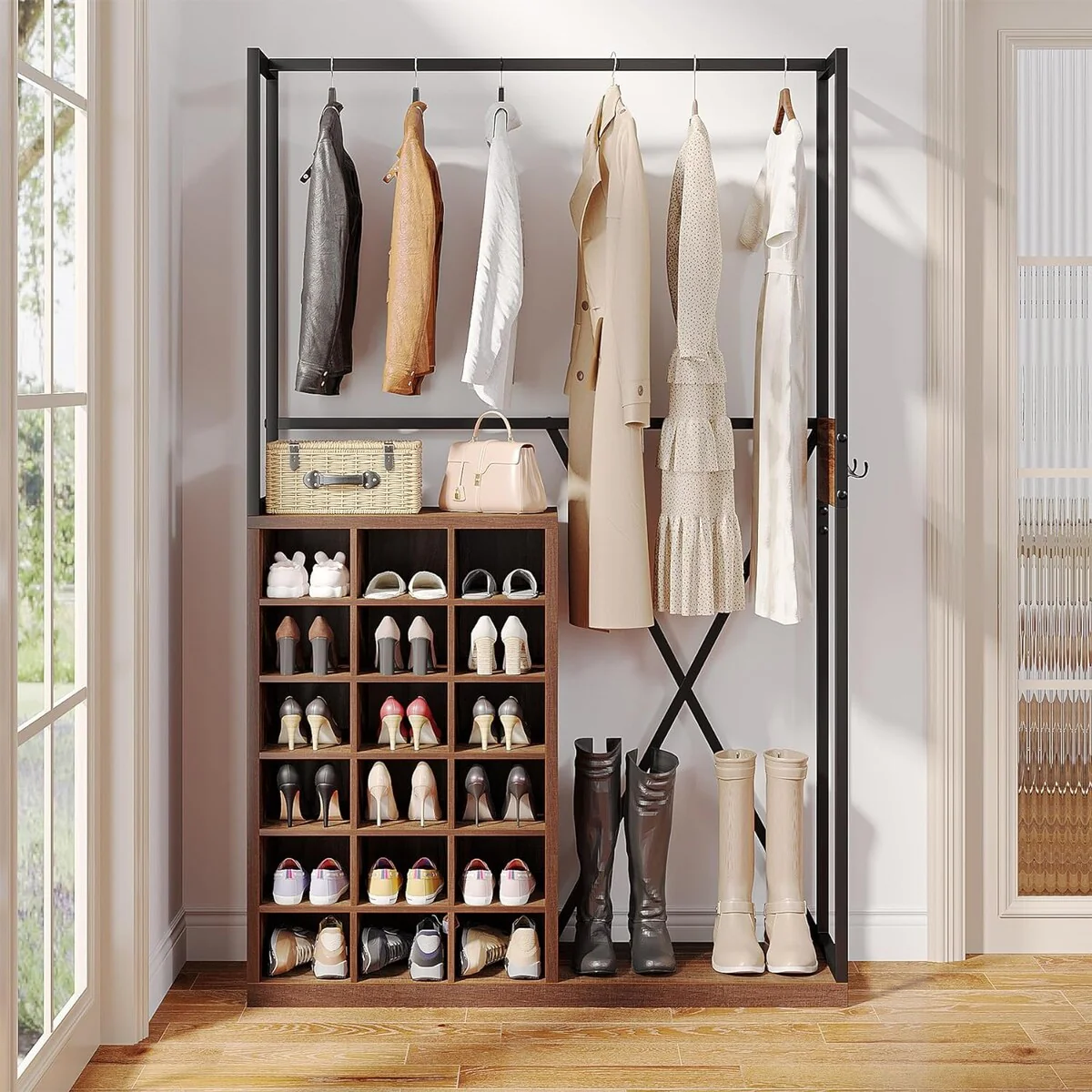 Hall Tree with Shoe Storage and Hanging Bar, Coat Rack for Entryway