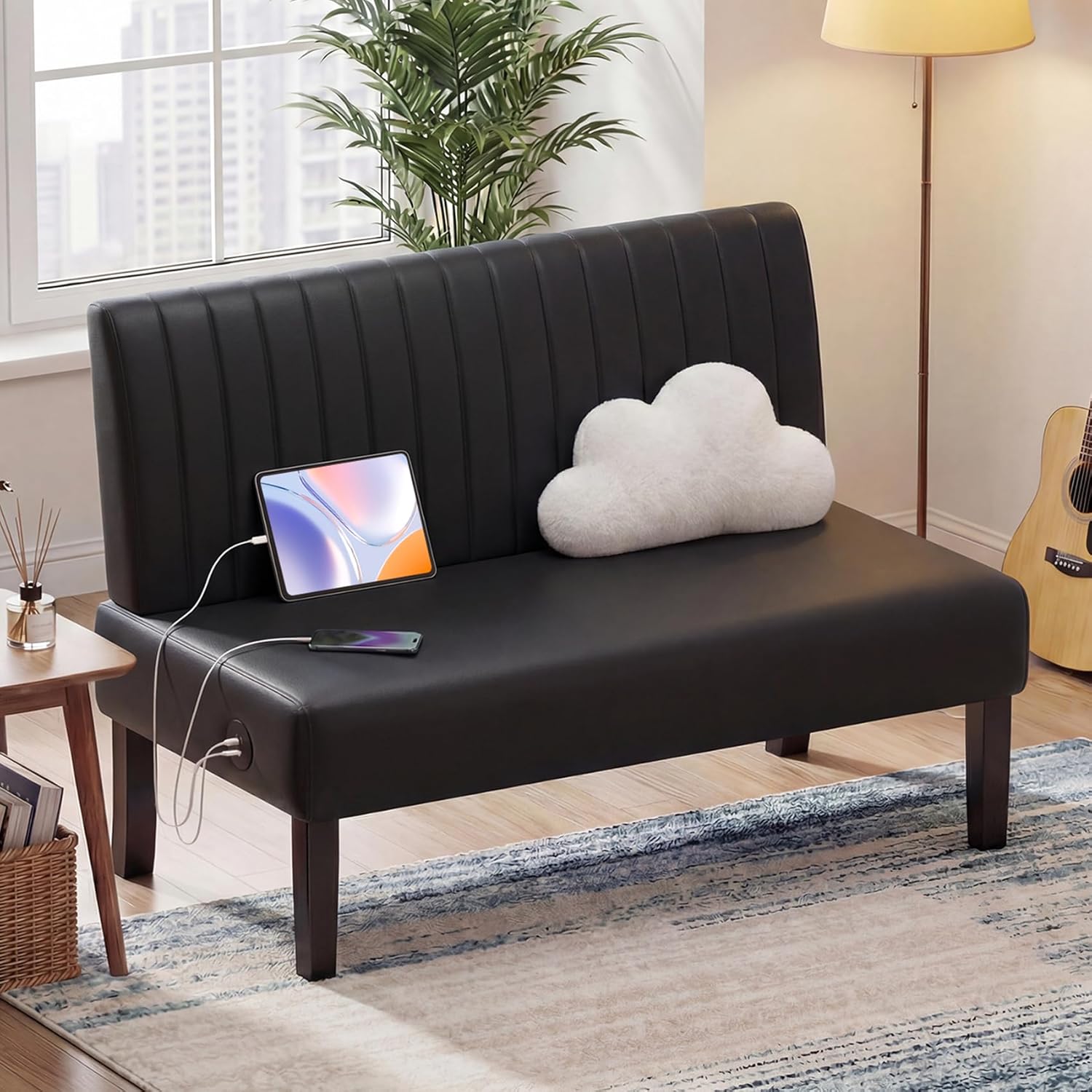 STHOUYN 43 W Mini Small Black Leather Couch Armless Loveseat Sofa for Bedroom with USB Port, Small Couches for SmallSpaces Living Room, Apartment Office Dorm (Black)