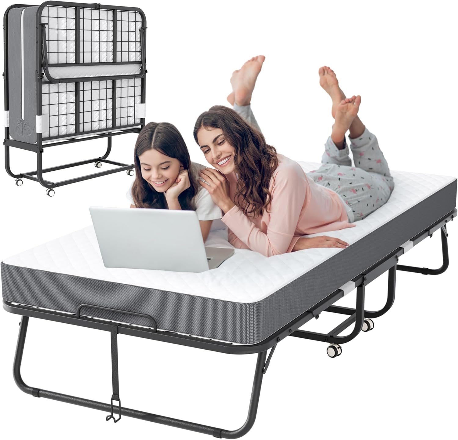 Folding Bed with 5 Mattress, 75 x 31 Roll Away Twin Beds for Adults with Storage Cover, Portable Foldable Bed with Metal Frame on Wheels for Guest, Space Saving