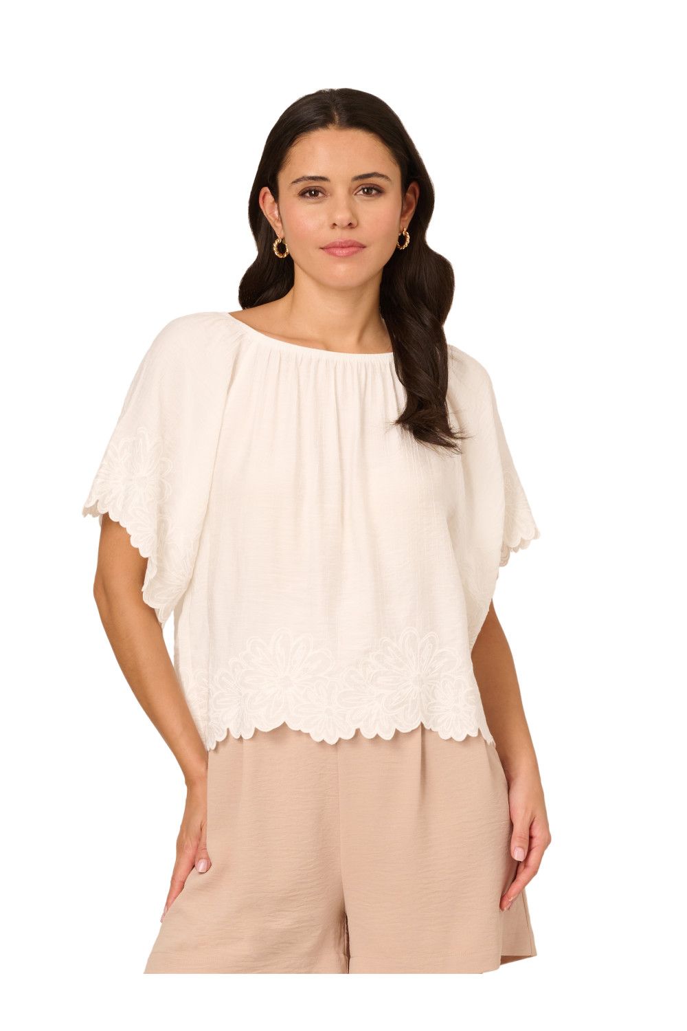 Adrianna Papell Boat Neck Crinkled Woven Embroidered Floral Hem Top