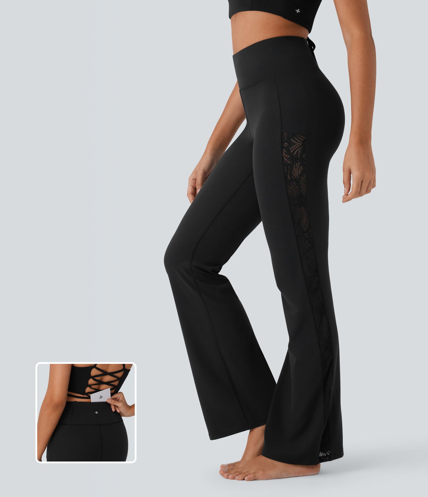 Pantalon bootcut de yoga Softlyzero™ taille haute avec dentelle contrastante et poche - UPF50
