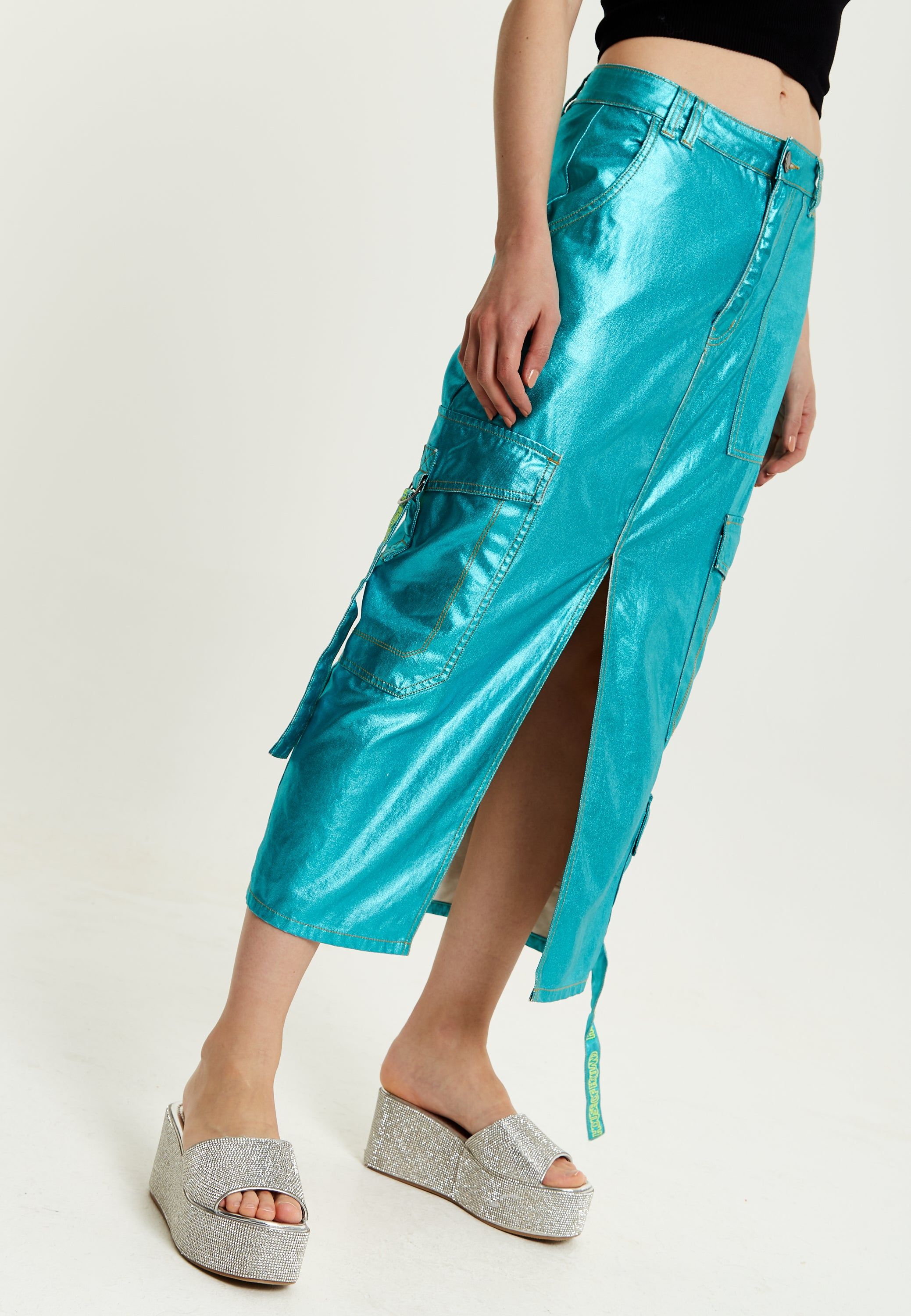 House of Holland Metallic Blue Midi Skirt