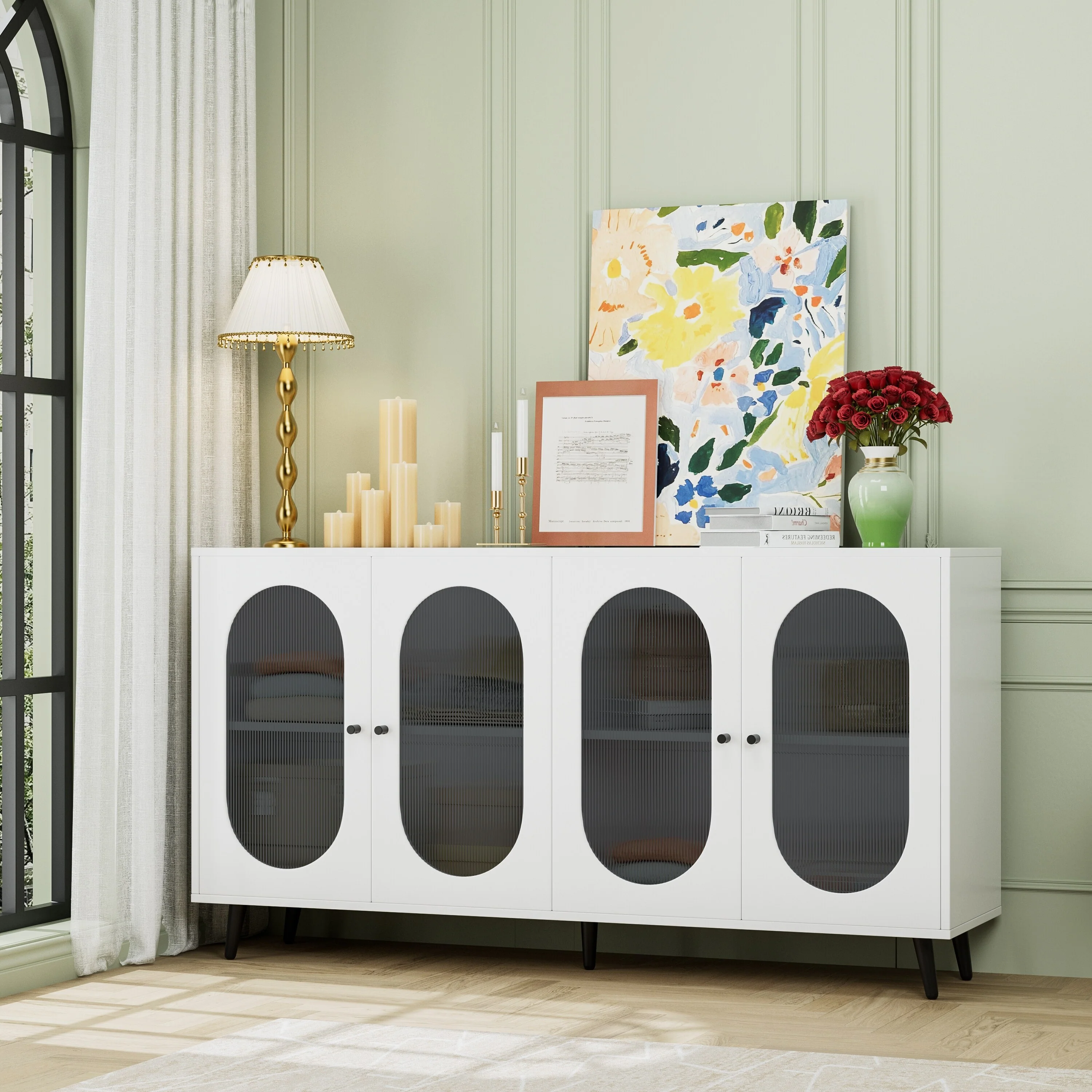 Modern Buffet Cabinet with 4 Acrylic Doors, Freestanding Storage Cupboard with 5 Metal Legs