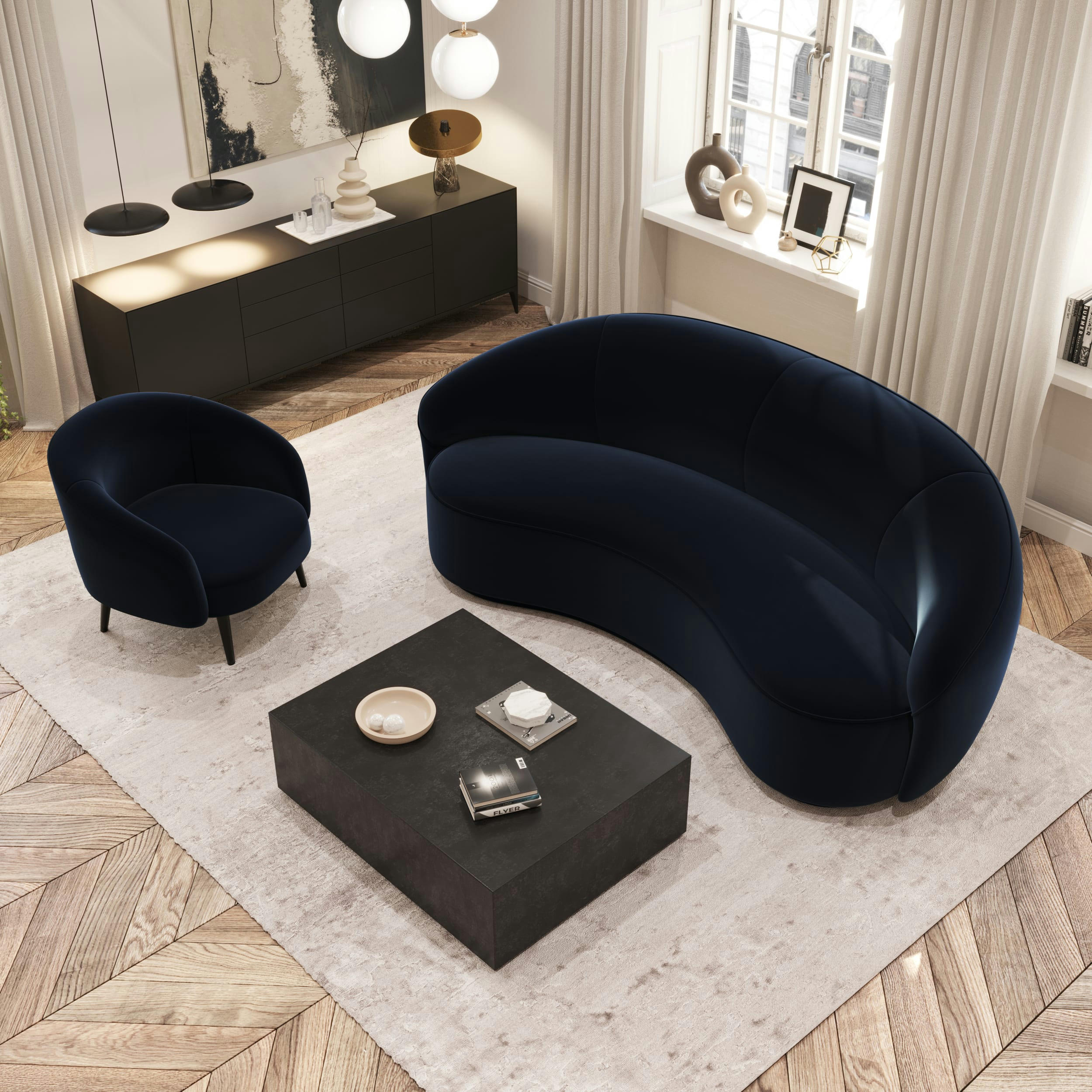 LUNA MARIE - Fauteuil tissu velours bleu nuit