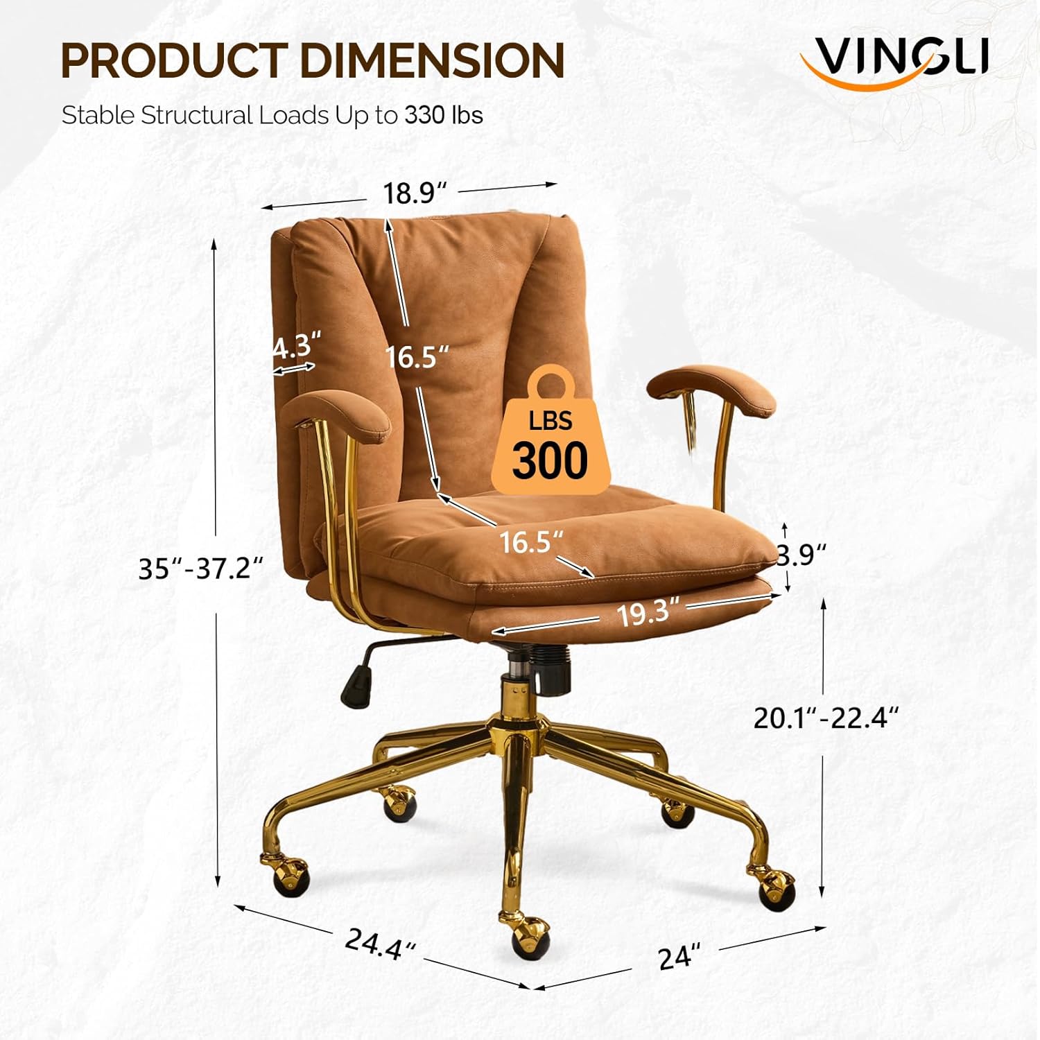 VINGLI Home Office Desk Chair Comfy with wheels&Removable Armrests,Gold Base Vanity Chair with Back,Adjustable Rolling Swivel Computer Task Chair for Study,Makeup,Office,Bedroom,Microfiber/Suede,Brown