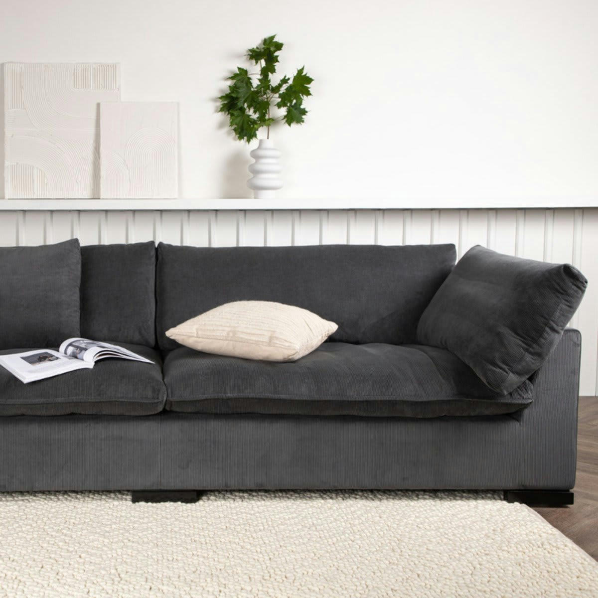 LEOPOLD - Canapé droit 3 places en velours côtelé gris