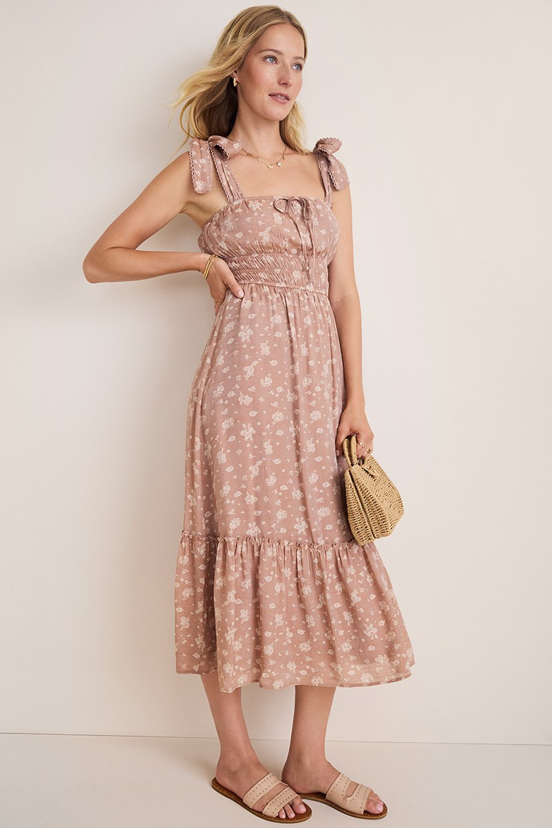 Tina Ditsy Floral?Tie Strap Smocked?Midi Dress