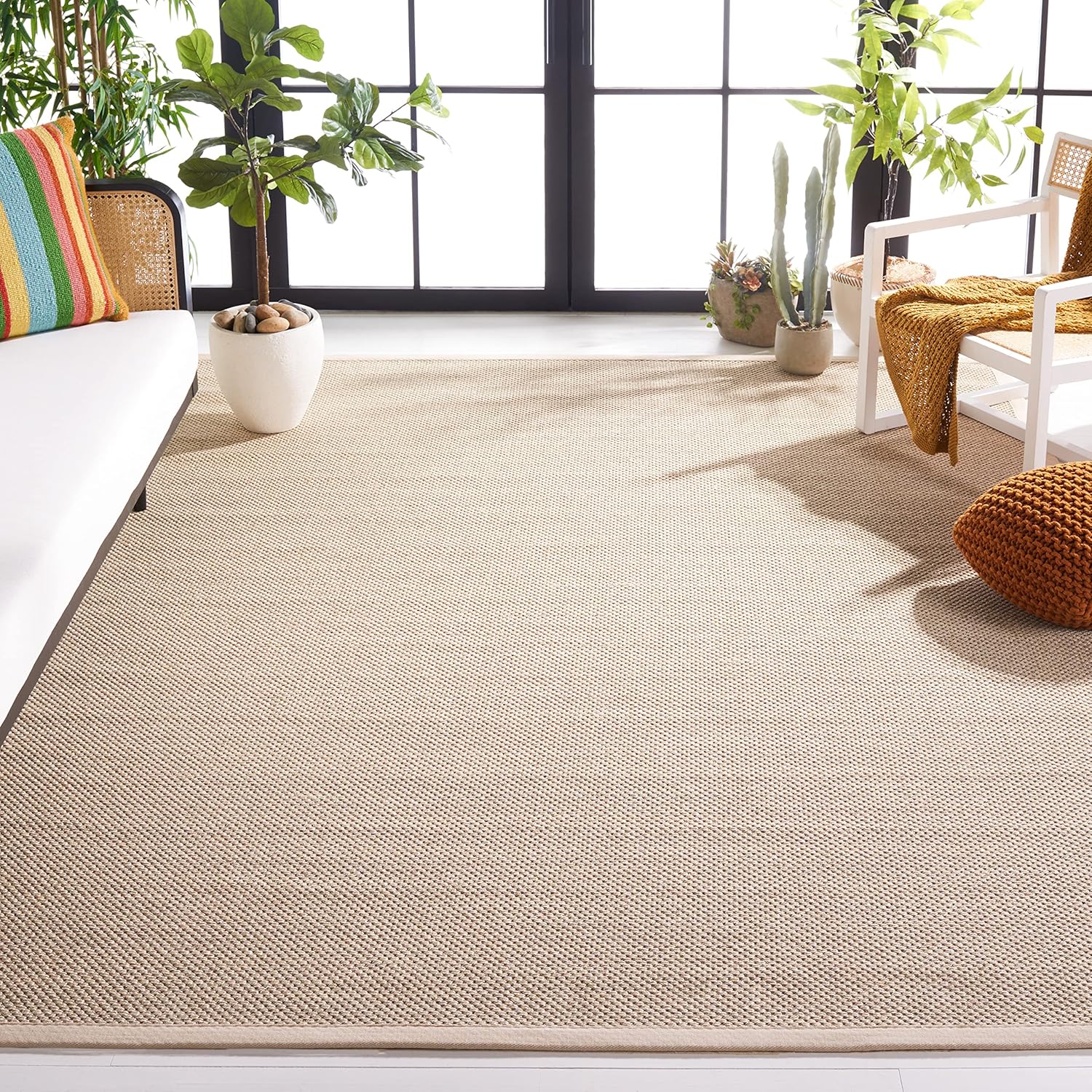 SAFAVIEH Area Rug 9' Square - Natural Fiber Collection - Marble & Beige, Sisal, Woven Design with Border (NF143C)