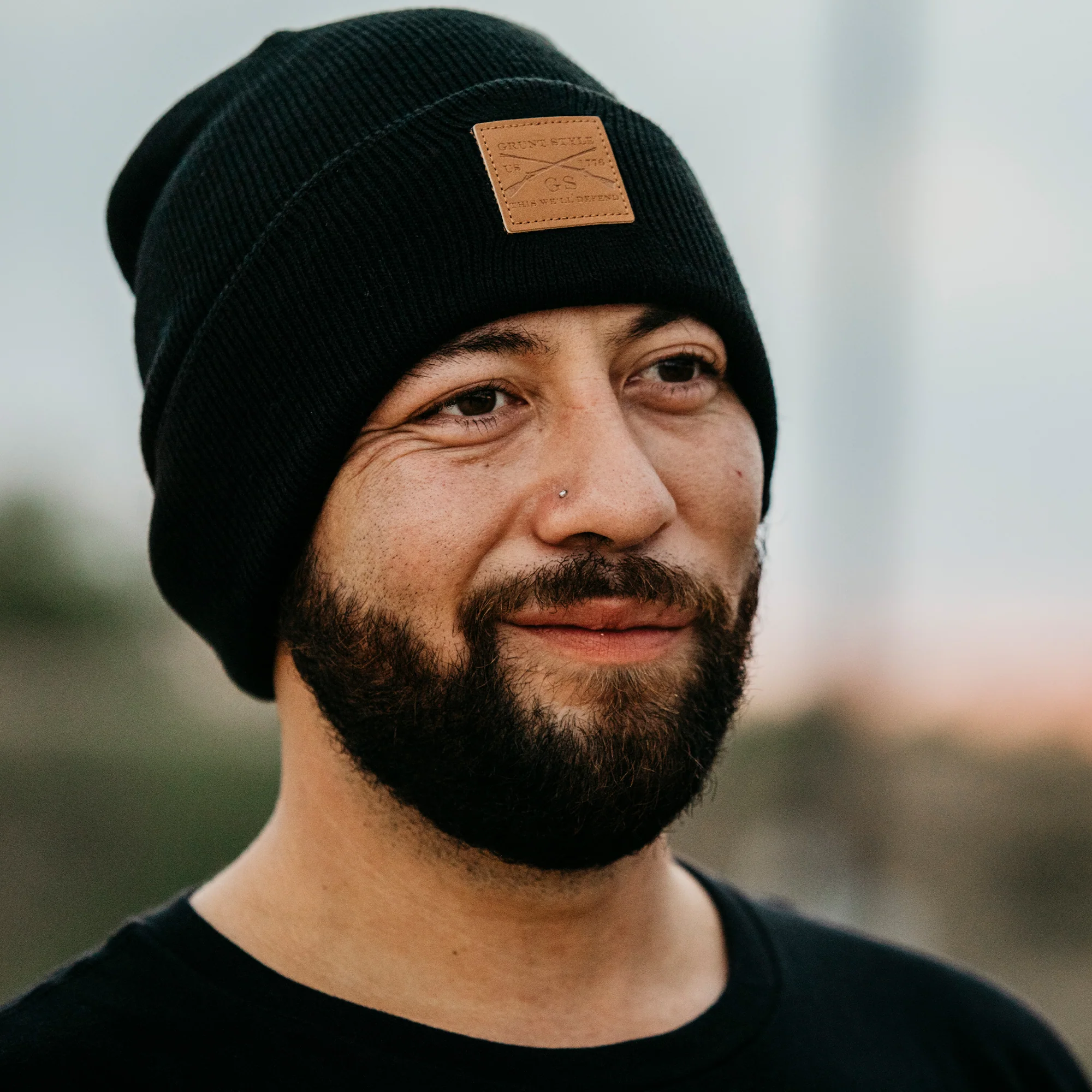 Leather Patch Cuffed Beanie - Black