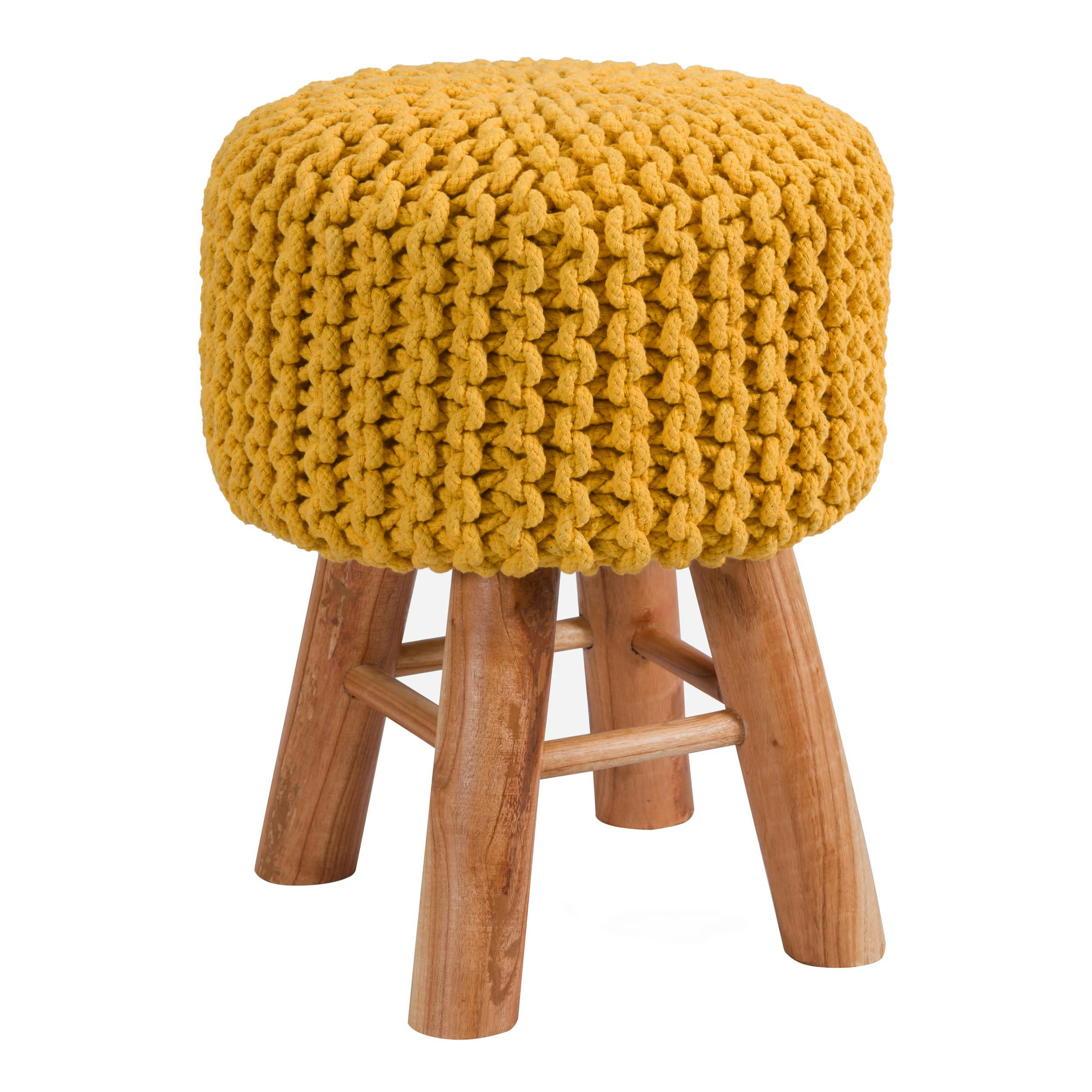 LISA - Petit tabouret tricot en coton jaune moutarde