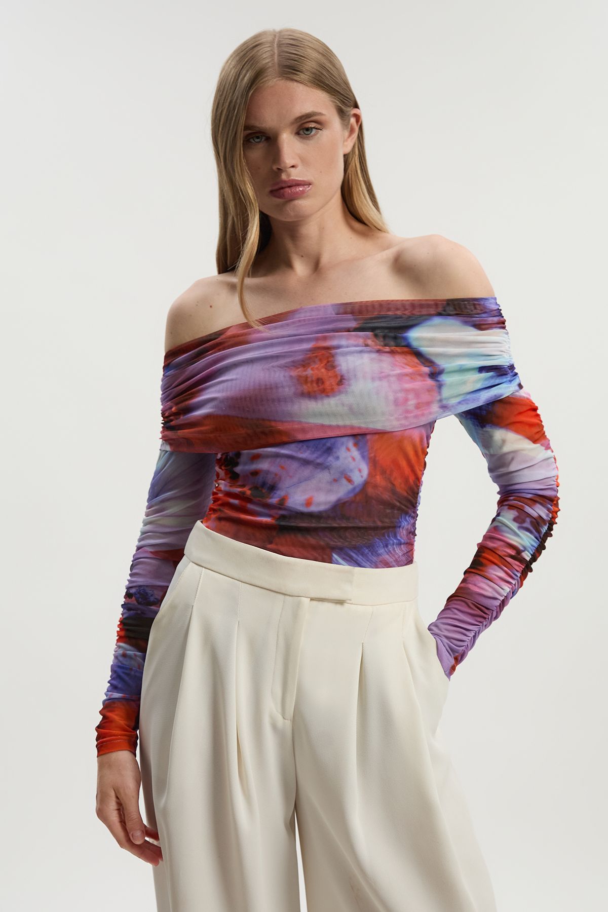 KarenMillen Floral Printed Mesh Off The Shoulder Bodysuit
