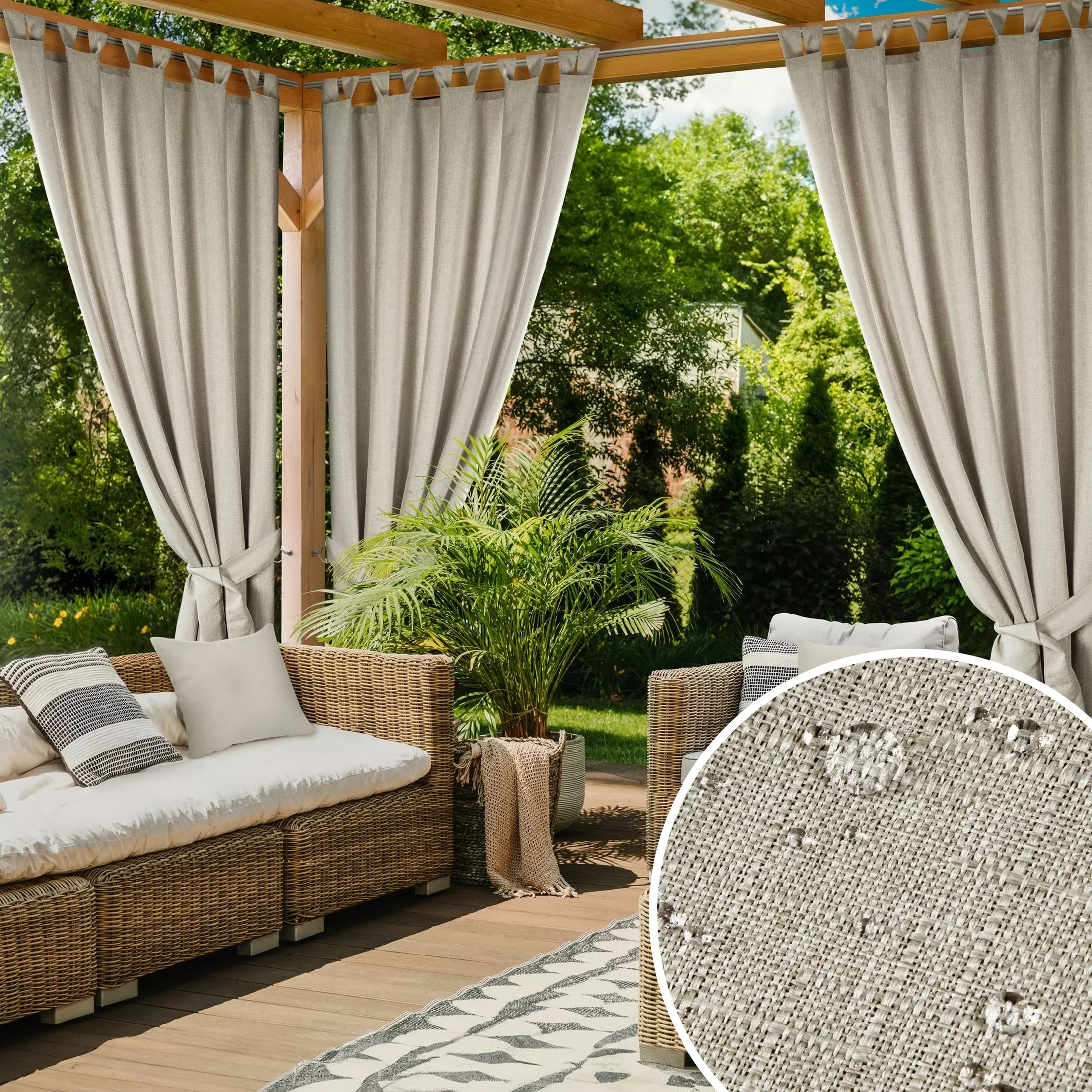 Zasłona beżowa z wodoodpornej tkaniny idealna do ogrodu i na taras 155x240 cm szelki/rzep GARDEN