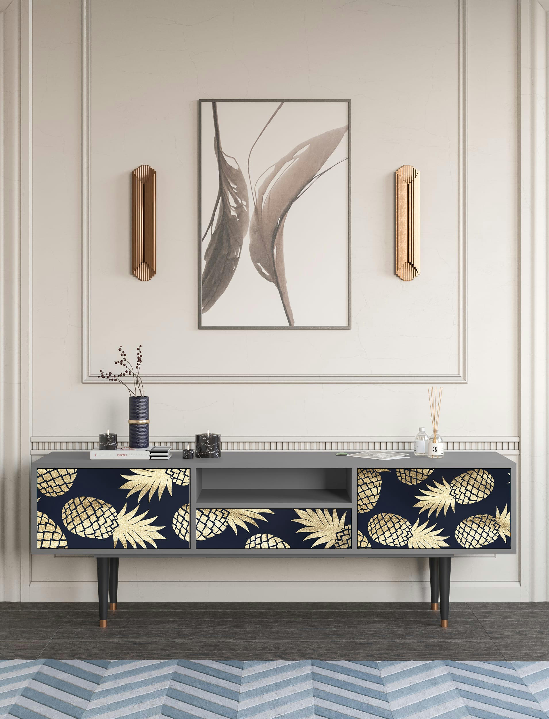 SUNNY PINEAPLE - Meuble TV  bleu et jaune 1 tiroir et 2 portes L 170 cm