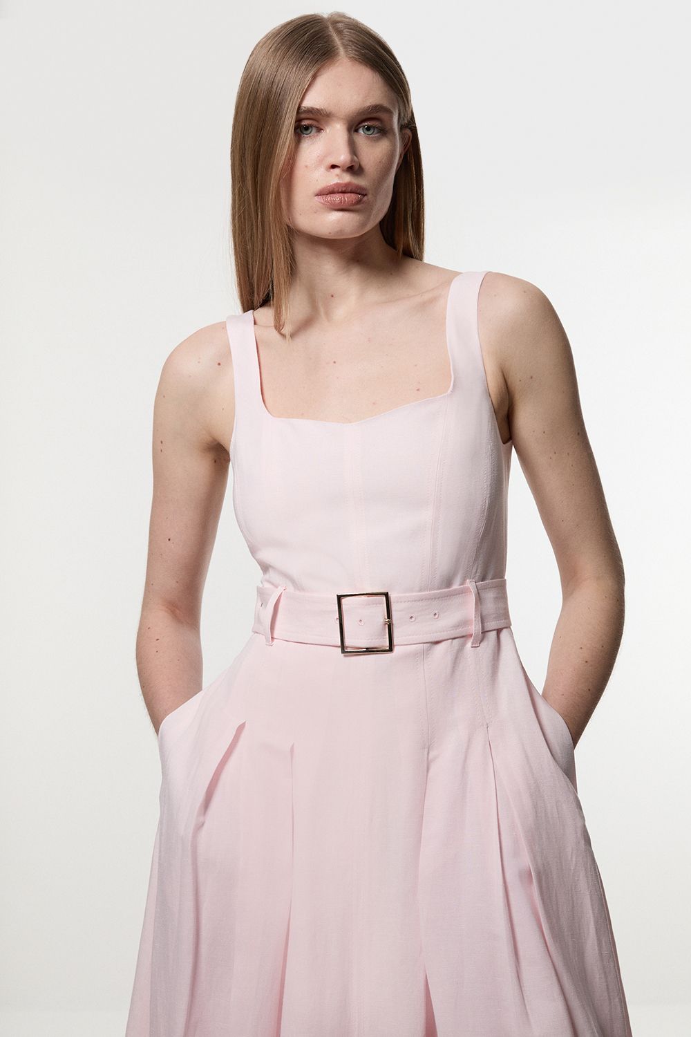 KarenMillen Premium Tailored Linen Belted Strappy Full Midi Dress