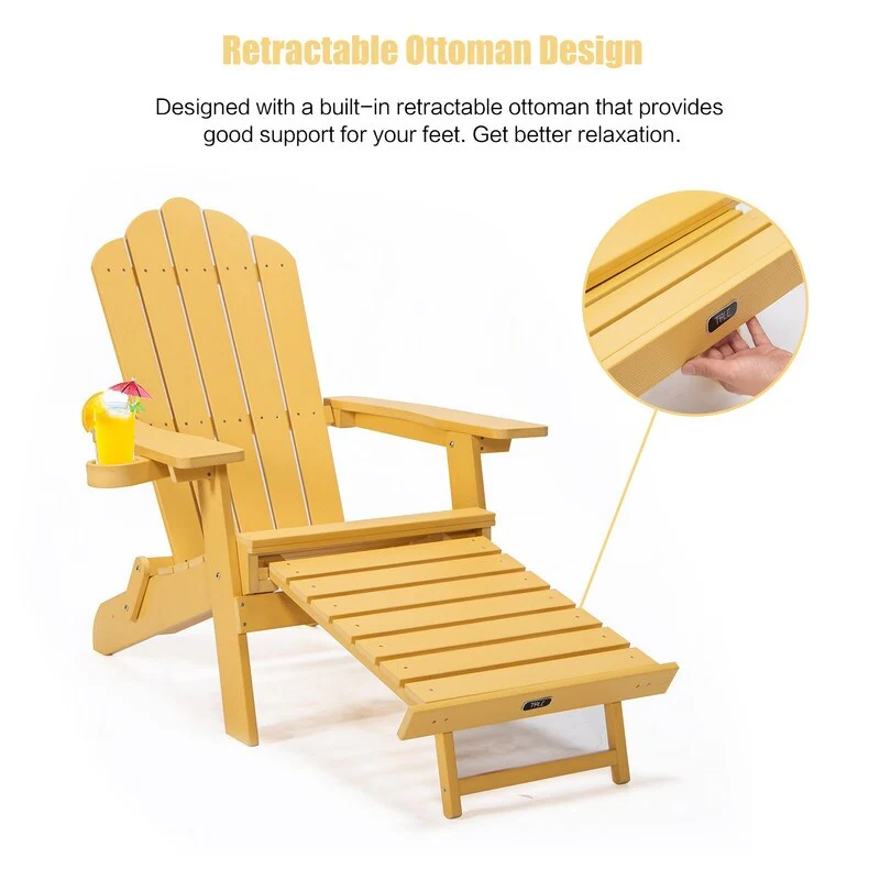 Outdoor Patio Folding Adirondack Chair with Pullout Ottoman,Yellow