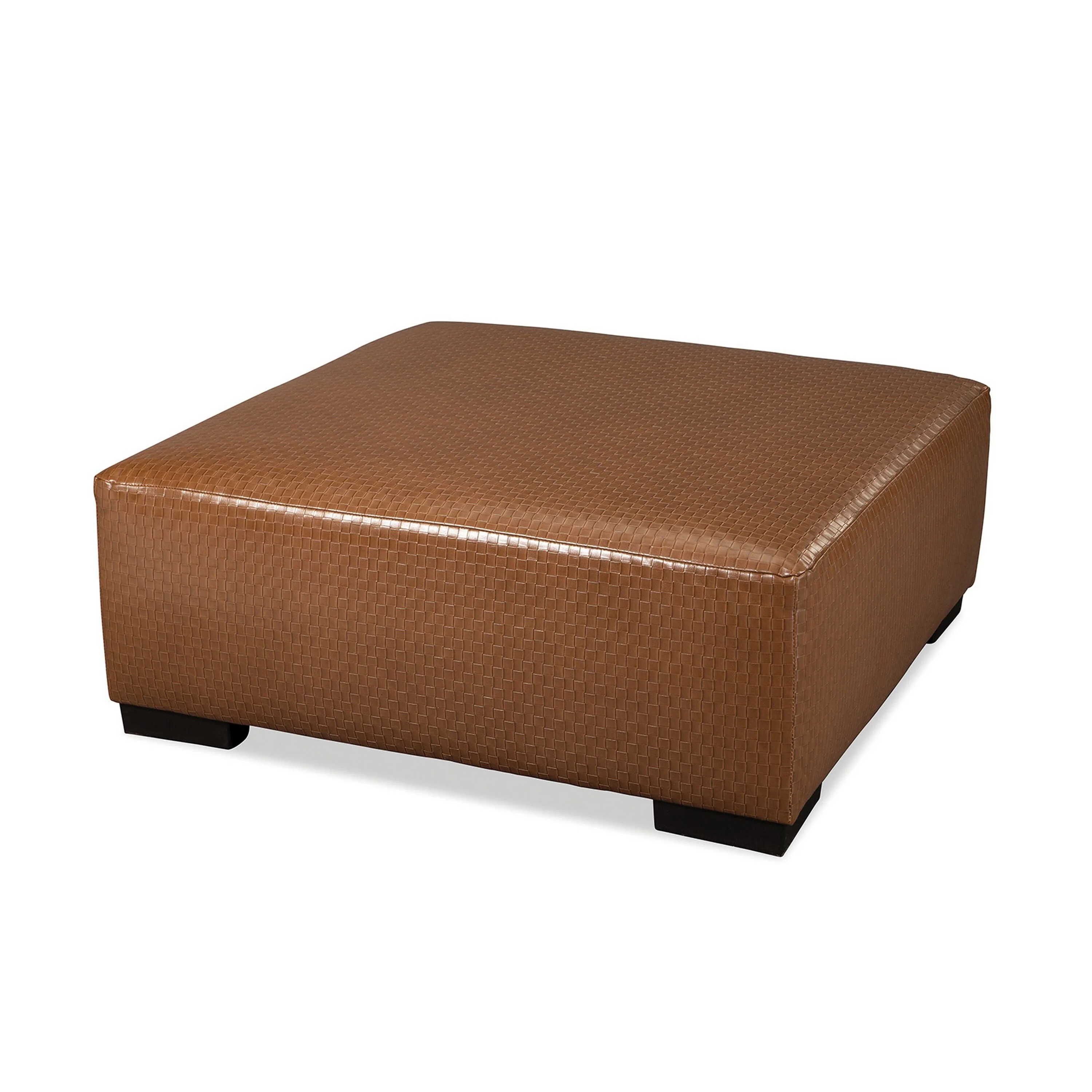 Elize Ottoman, Basketweave Design, 41 Inch, Black Wood, Brown Faux Leather
