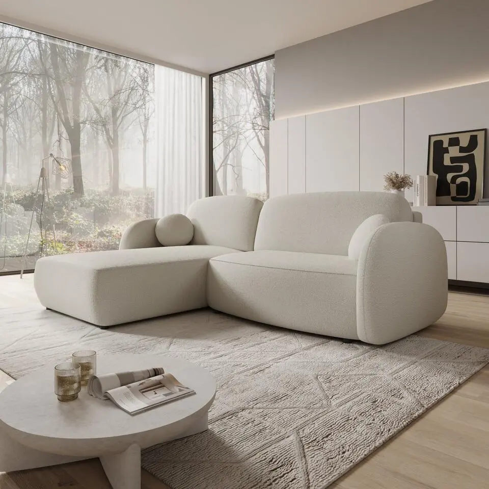 Meubella - Ometa - Hoekbank 3-zits met chaise longue - Teddystof wit - Links