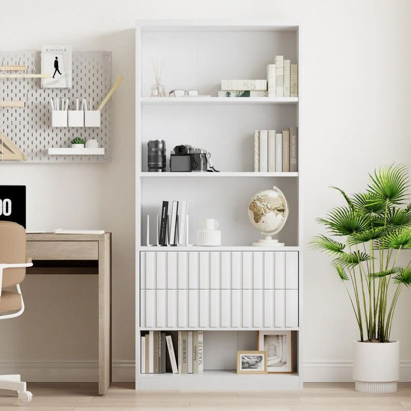 71 inch Bookshelf with Fluted Drawers and 4-Tier Open Shelves for Home Office, Living Room