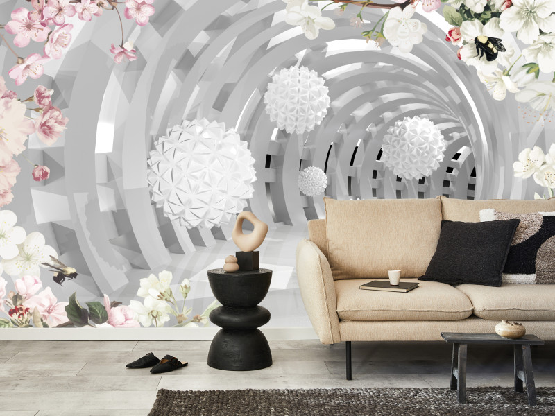 Fototapeta Abstrakcyjny Tunel z Kwiatami i Kulami 100x70cm