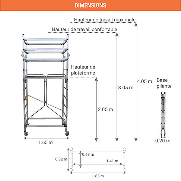Echafaudage base pliante avec kit dénivelé et garde-corps rabattable - Haut. travail max 4.05m - AL205/P/SPP