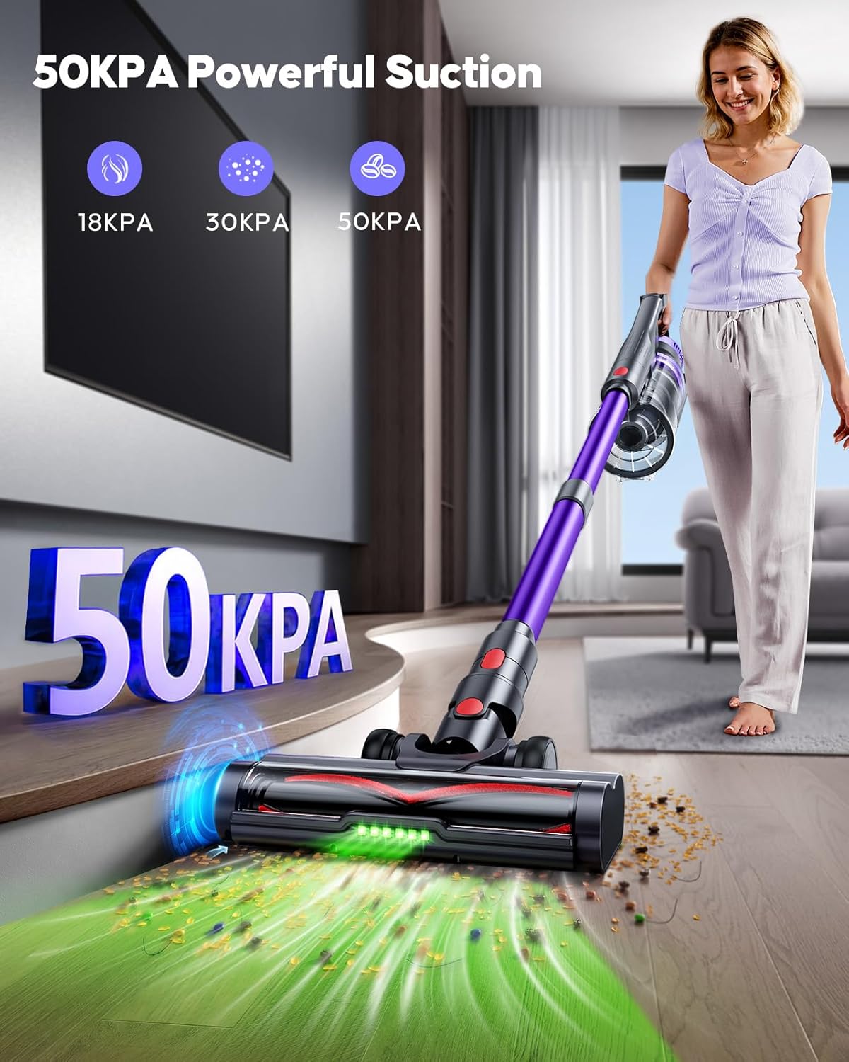 Cordless Vacuum Cleaner, 50KPa 600W Powerful Stick Vacuum for Home, 65Mins Runtime, 1.8L XL Dust Cup One-Touch Empty, Green LED Anti-Tangle Brush & Fragrance, for Pet Hair Carpet Hard Floor